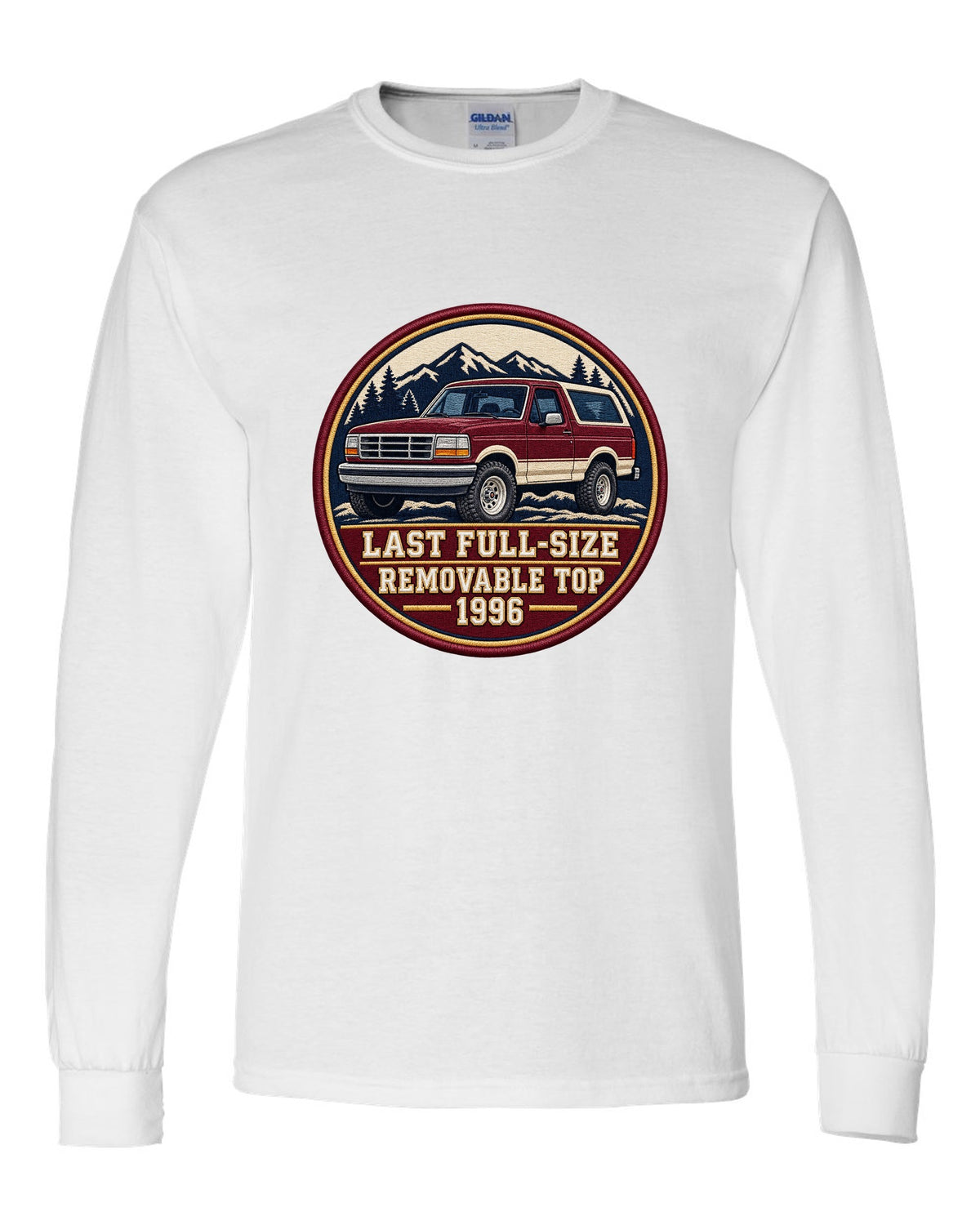 Round varsity crest print for a 1992-96 Ford Bronco OBS with removable top text white long sleeve front view with the design