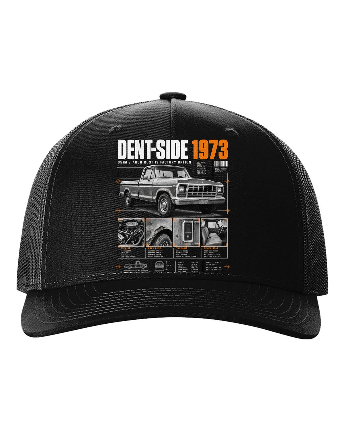 Ford F-150 Dent-Side 1973 351M Rust Dossier Panel black hat front view with the design