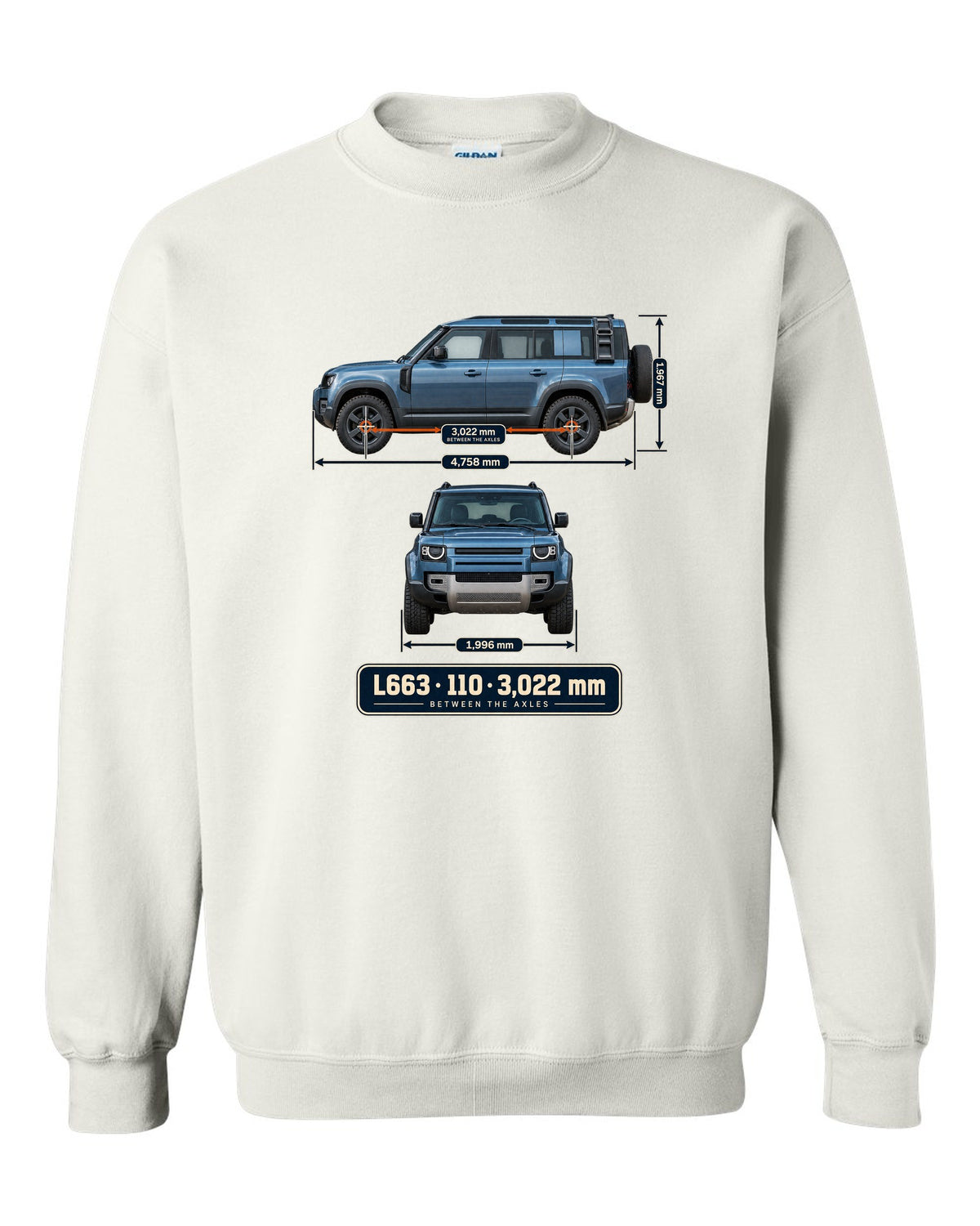 Dimension blueprint print of the Land Rover Defender 110 L663 with wheelbase white crewneck front view with the design