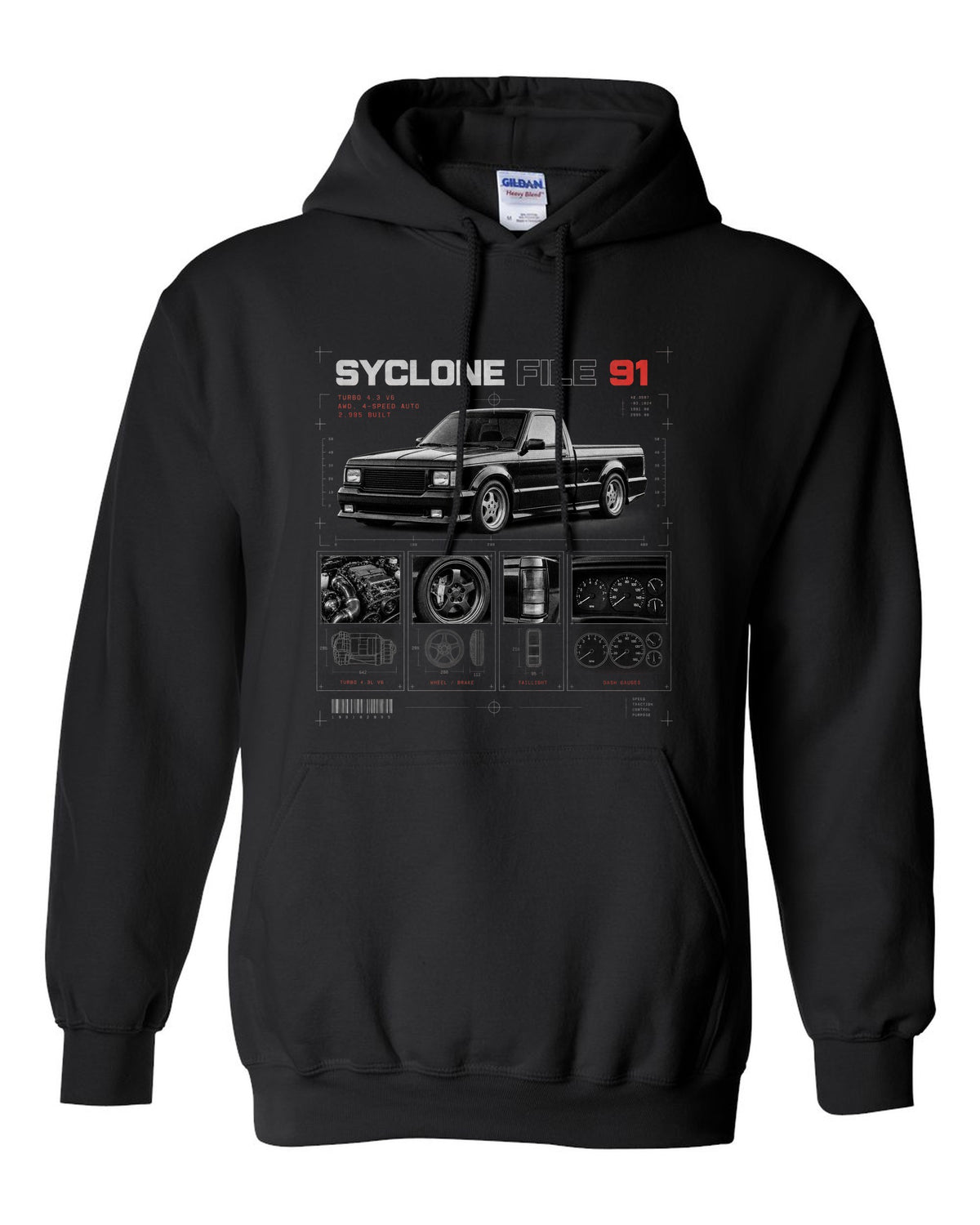 Dossier panel print of a 1991 GMC Syclone with turbo 4.3 V6 and 2,995 built text black pull over hoodie front view with the design