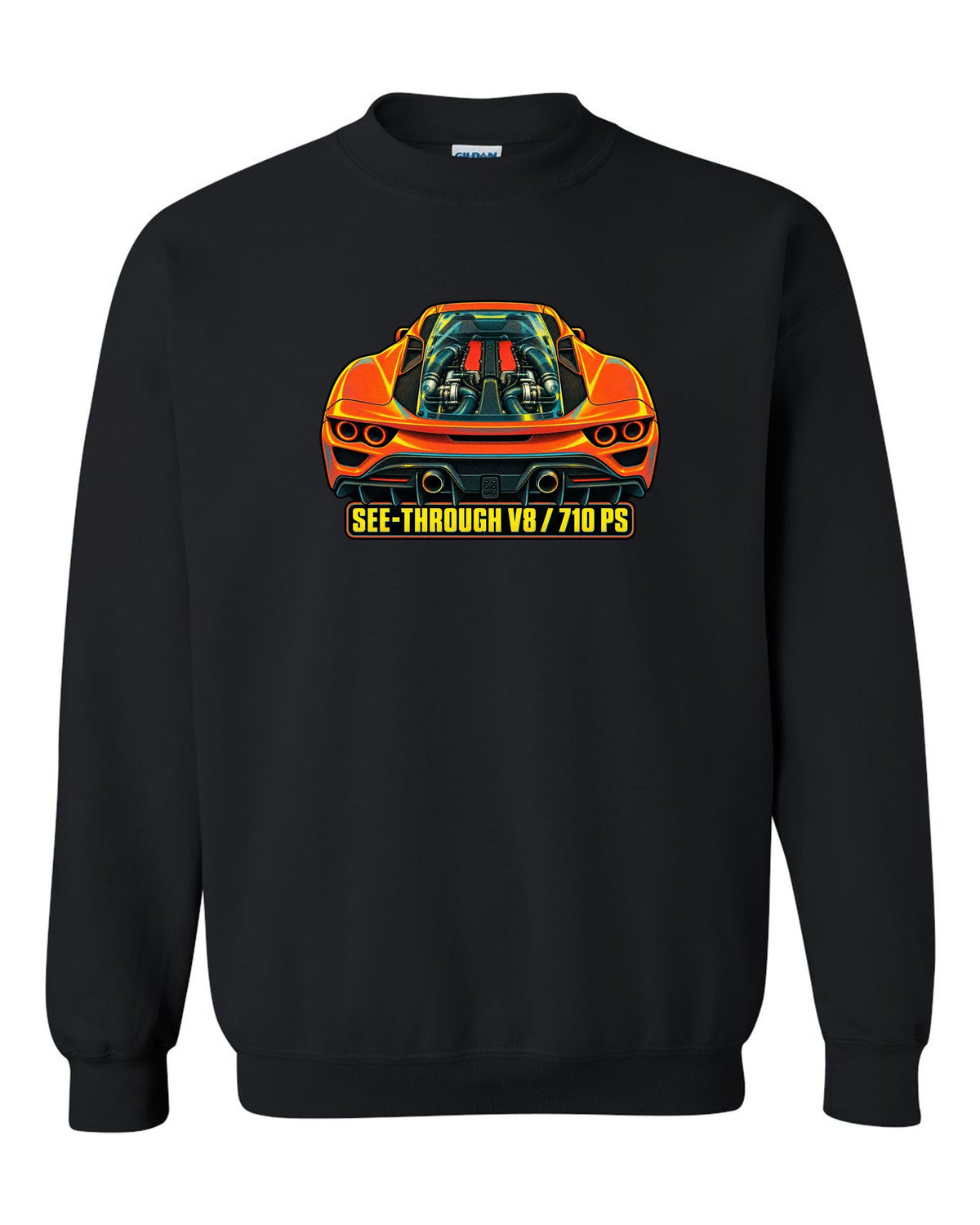 Risograph style print of the Ferrari F8 Tributo transparent engine cover and V8 black crewneck front view with the design