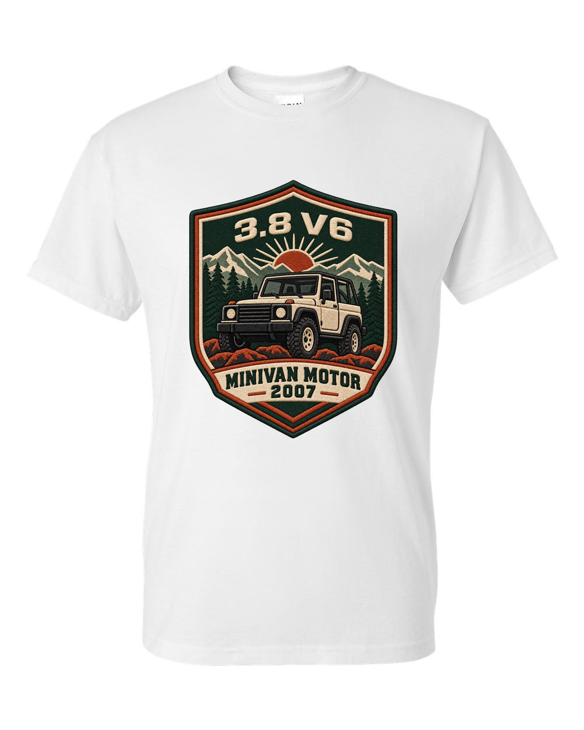 Jeep Wrangler JK varsity crest design with 3.8 V6 minivan motor 2007 text white t-shirt front view with the design