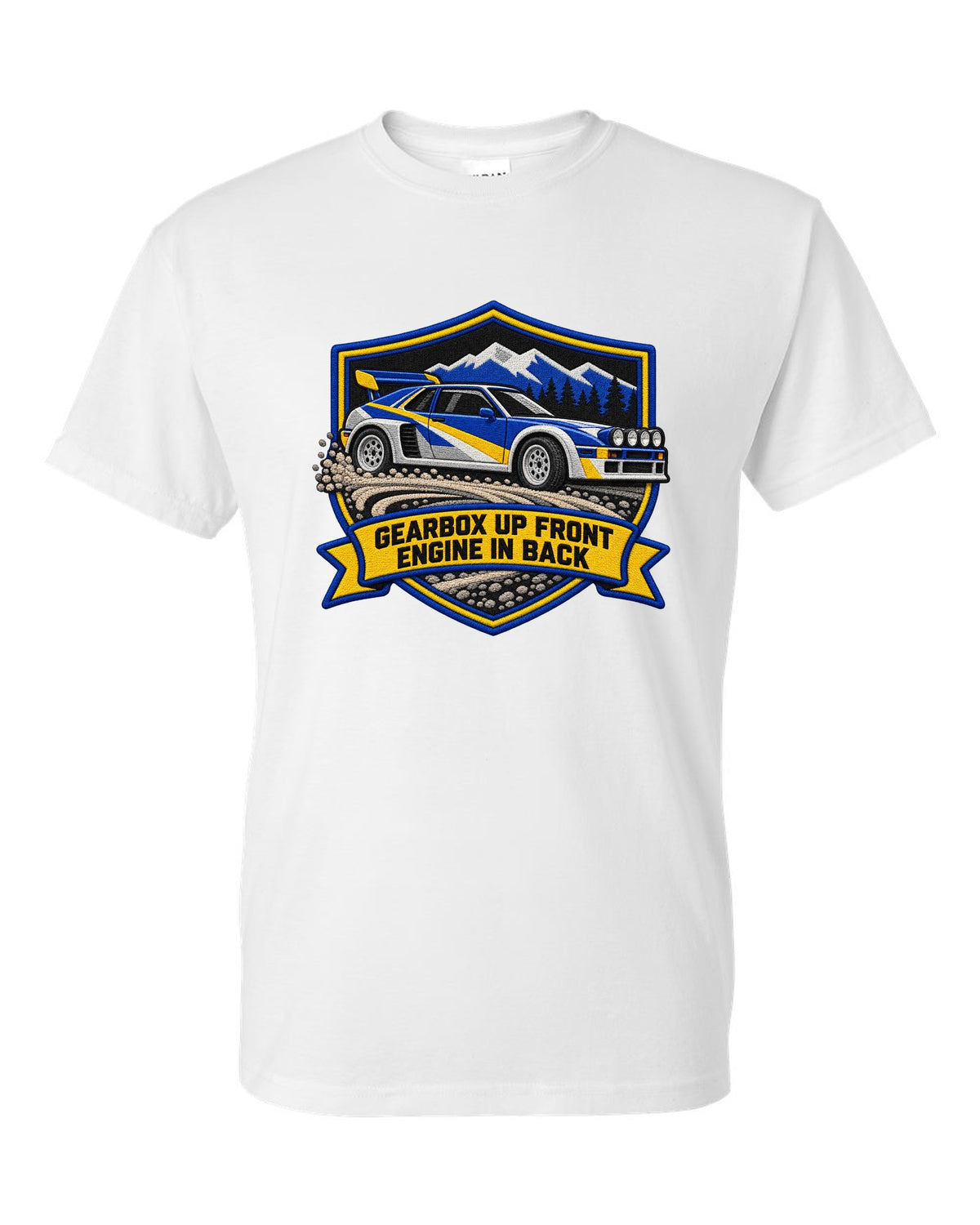 Varsity crest print of the Ford RS200 with gearbox up front, engine in back text white t-shirt front view with the design