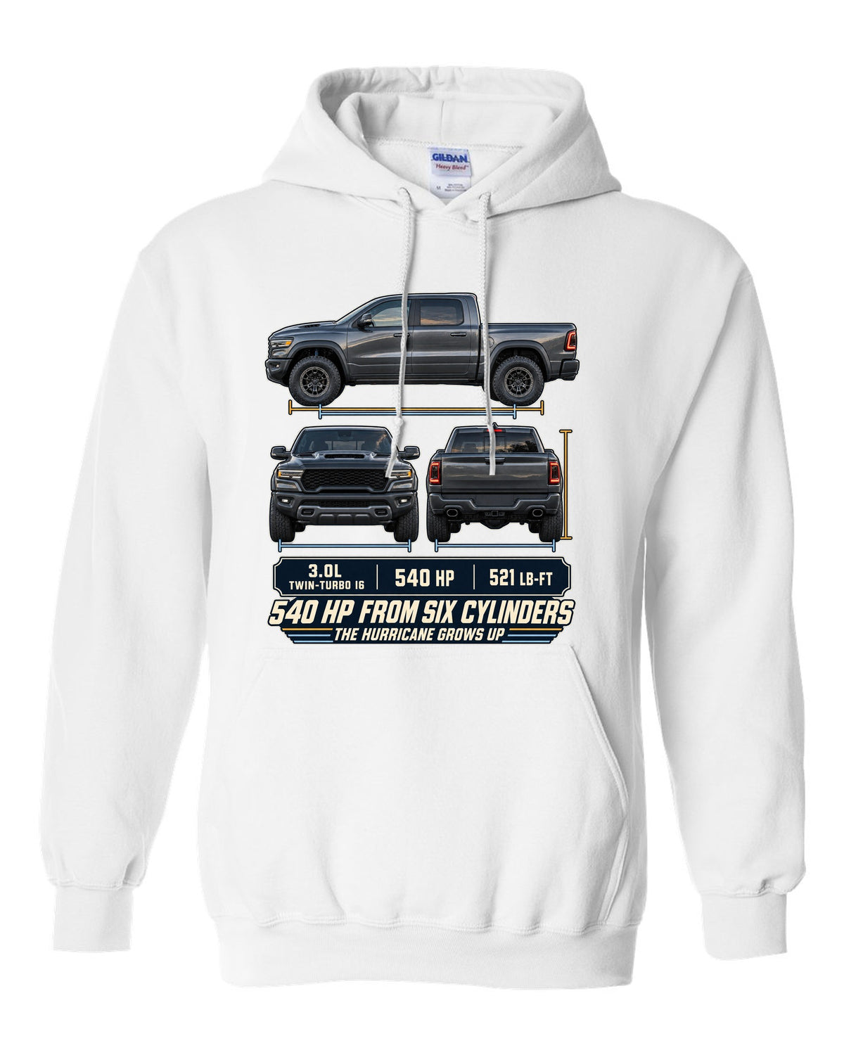 Ram 1500 RHO 2025 three-view drawing with spec table print white pull over hoodie front view with the design
