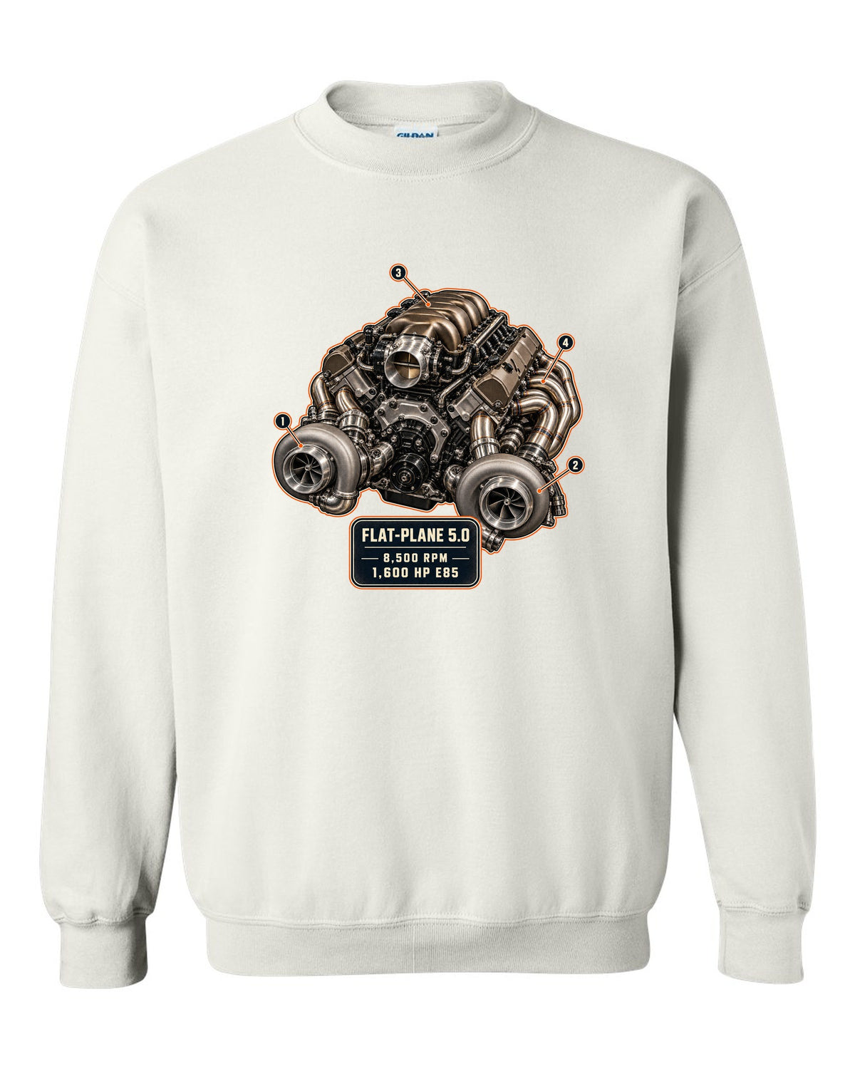 Engine hero illustration of the Koenigsegg Jesko 5.0 litre twin-turbo flat-plane V8, print white crewneck front view with the design