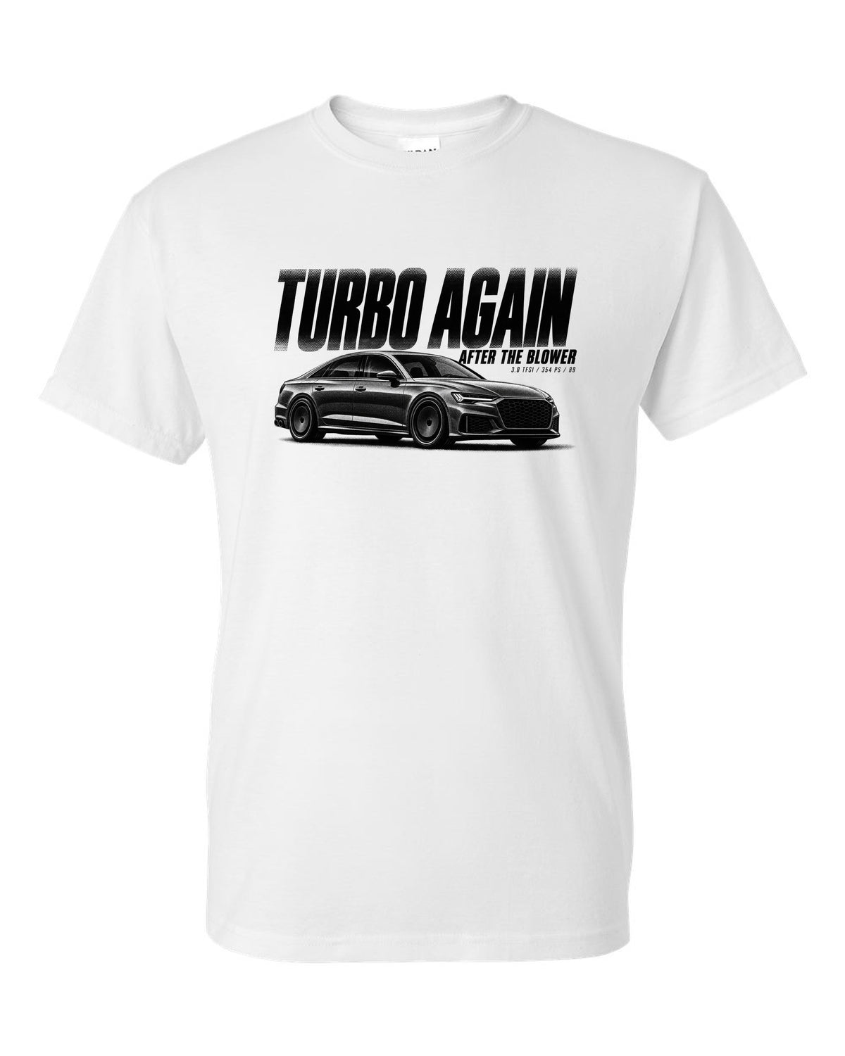 Audi S4 B9 Sedan Halftone Statement print white t-shirt front view with the design