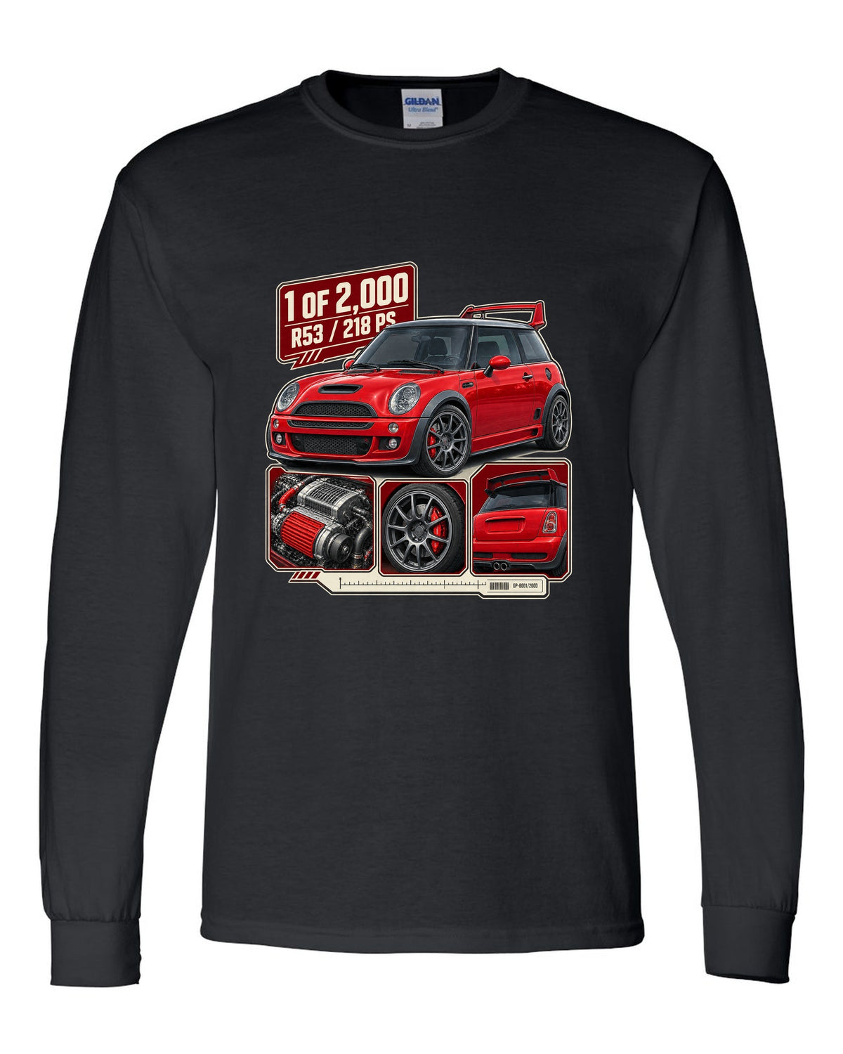Dossier panel print for the Mini Cooper S Works GP R53 2006 showing 1 of 2,000 black long sleeve front view with the design