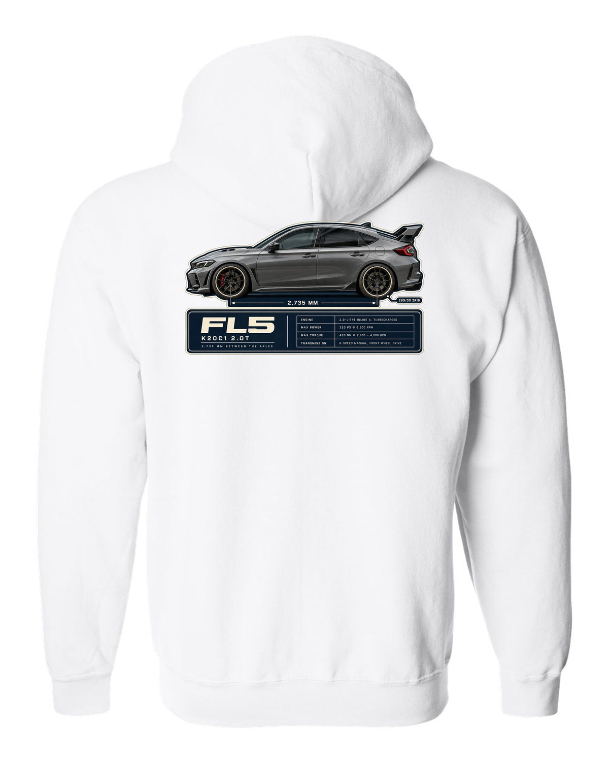 Honda Civic Type R FL5 Wheelbase Blueprint white zip hoodie back view with the design