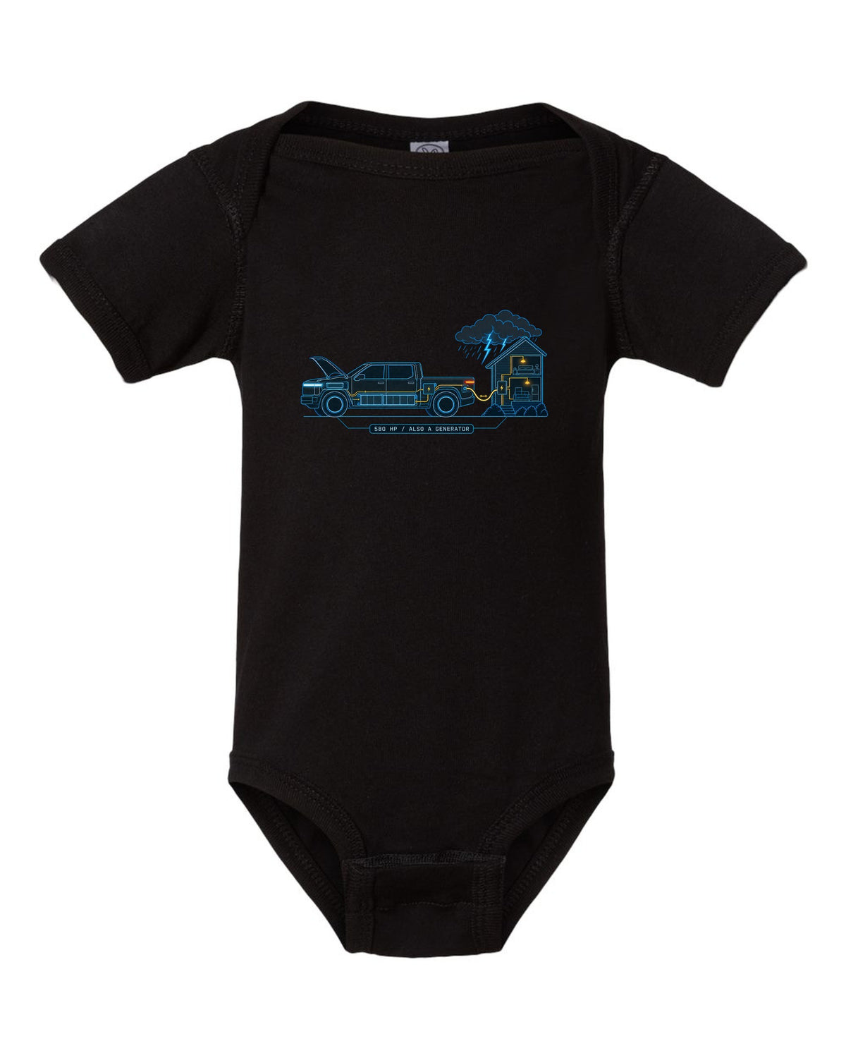 Ford F-150 Lightning electrical schematic diagram print with 580 HP and generator text black baby onesie front view with the design