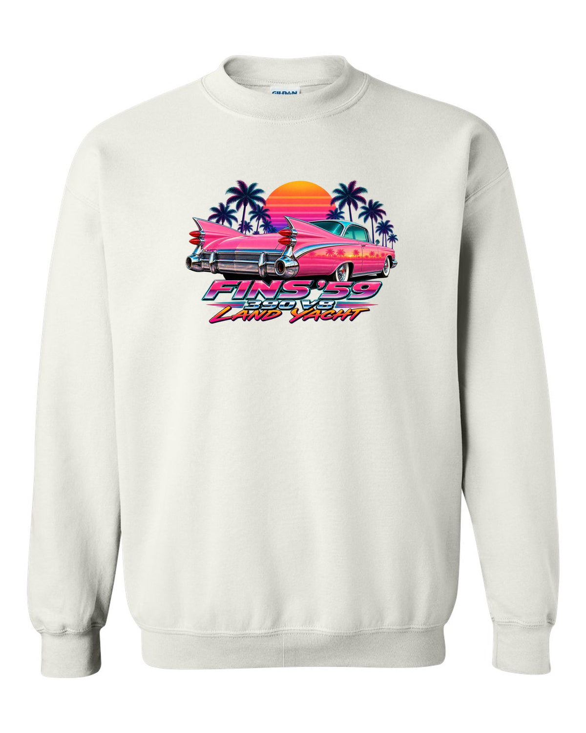 1959 Cadillac Series 62 Coupe de Ville rear fins against an airbrush retro sunset white crewneck front view with the design