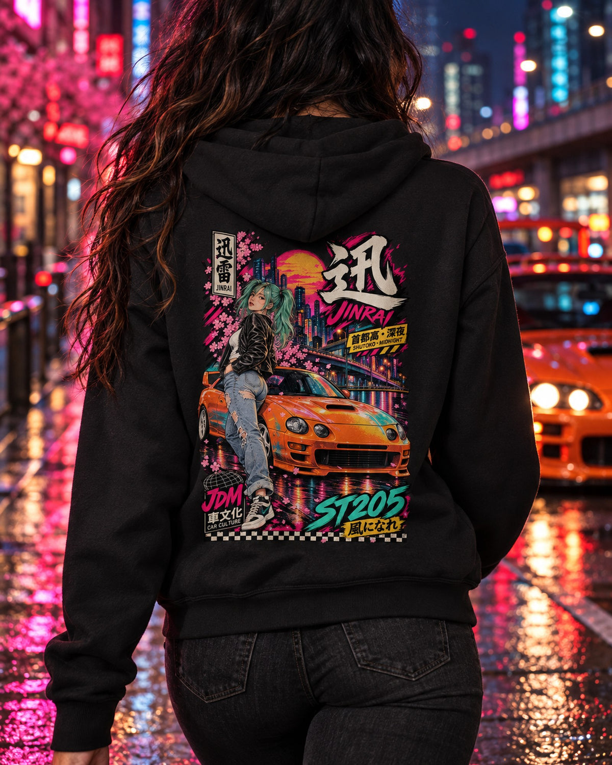 JINRAI ST205 Anime Girl Full-Back Graphic Tee Zip Hoodie Black worn hero