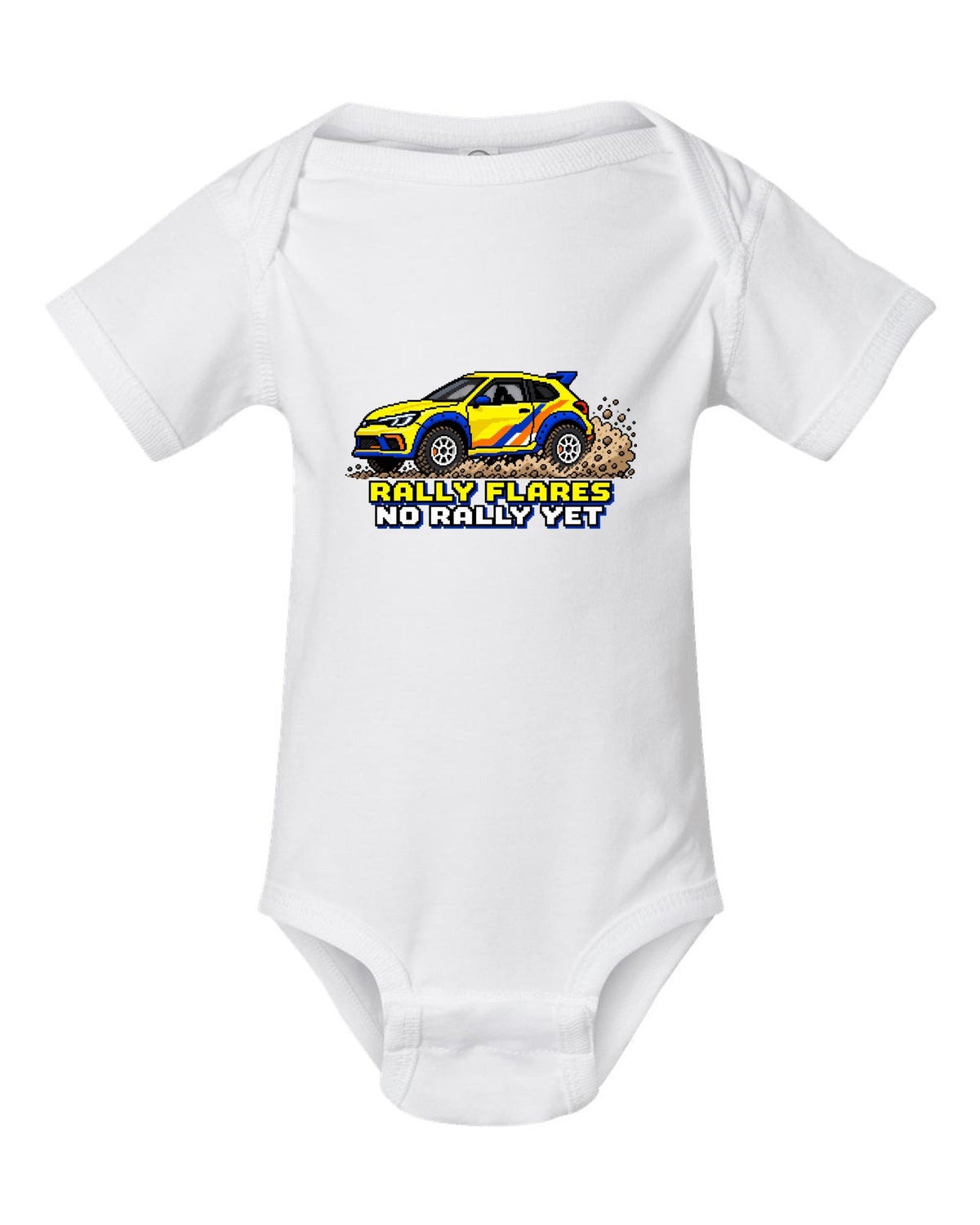 Rivian R3X 16-bit pixel art gravel slide print with the text rally flares no rally yet white baby onesie front view with the design