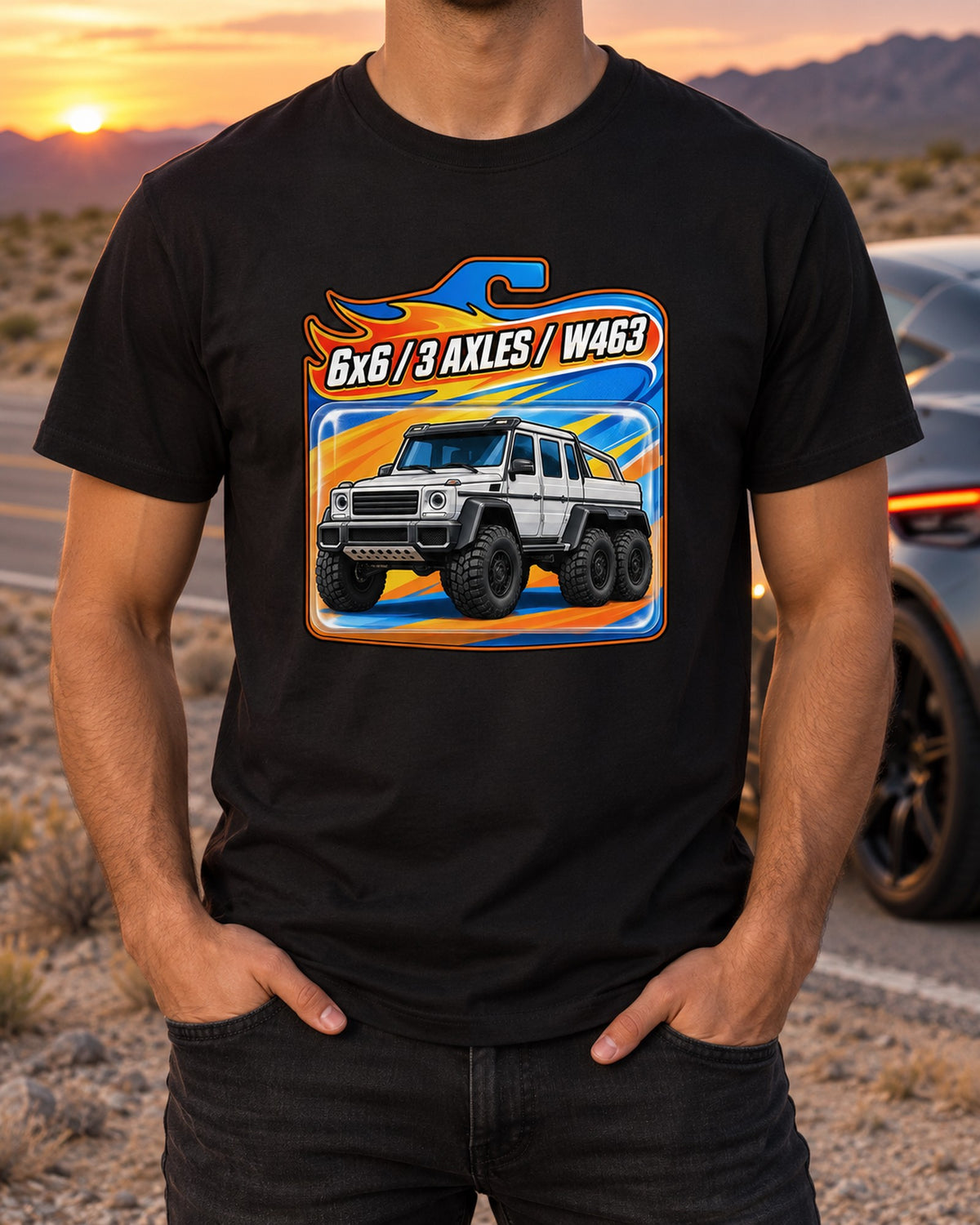 Mercedes G63 6x6 W463 Three Axles Hot Wheels-Style Card Tee T-Shirt Black worn hero