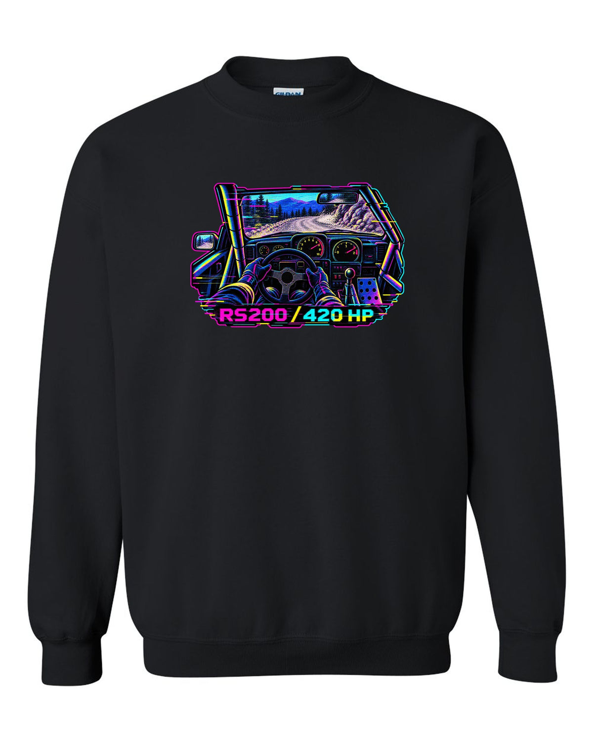 VHS glitch style Ford RS200 cockpit print with 420 hp lettering black crewneck front view with the design