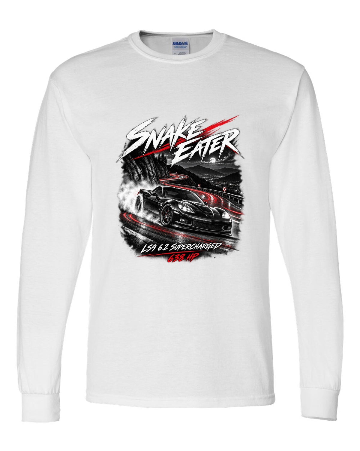 Corvette C6 ZR1 supercharged on a night mountain road white long sleeve front view with the design