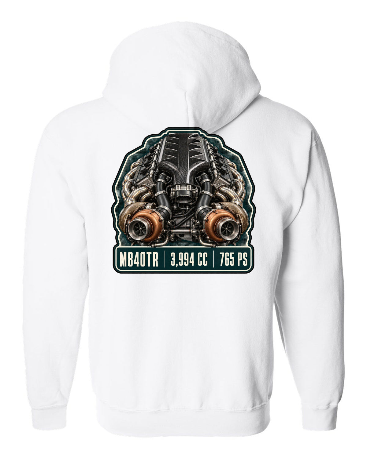 Engine hero print of the McLaren 765LT M840TR V8 white zip hoodie back view with the design