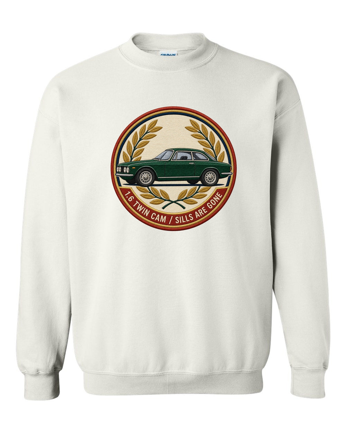 Embroidery style varsity crest for an Alfa Romeo Giulia Sprint GT 105 with 1.6 twin cam white crewneck front view with the design