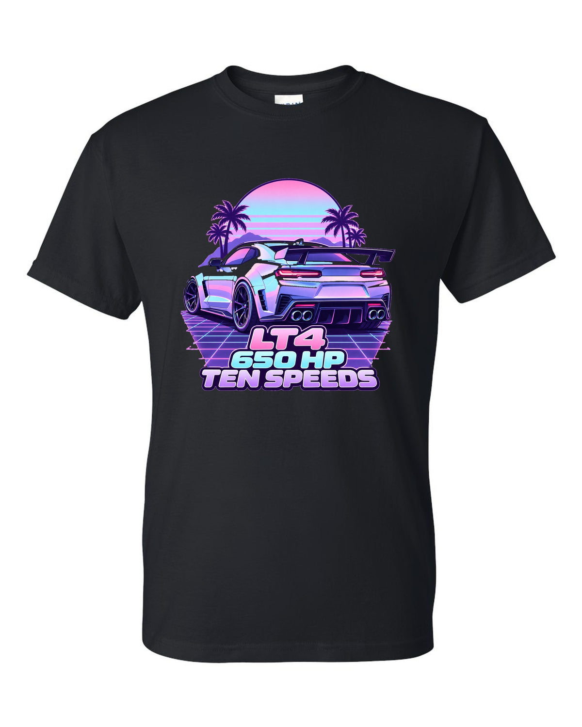 2019 Chevrolet Camaro ZL1 LT4 vaporwave pastel print with 650 HP text black t-shirt front view with the design