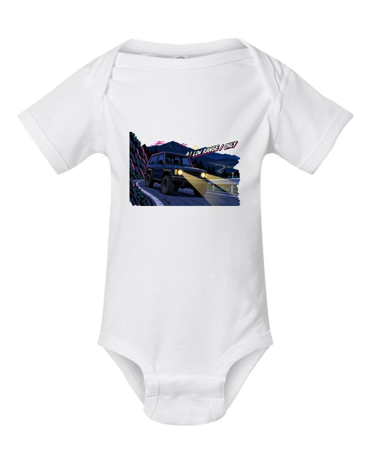 Jeep Wrangler JLU cel-shaded 90s anime night mountain pass with 4:1 low range only text white baby onesie front view with the design