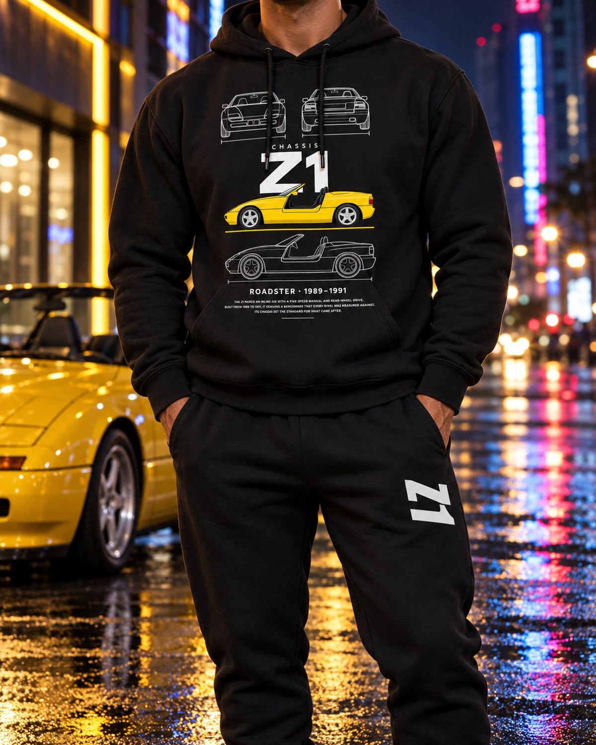 BMW Z1 Blueprint Hoodie + Jogger Set Black worn hero