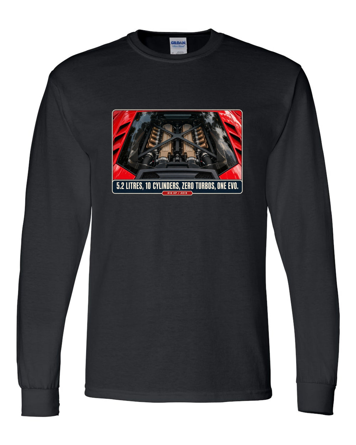 Engine hero print of the Lamborghini Huracan EVO V10 black long sleeve front view with the design