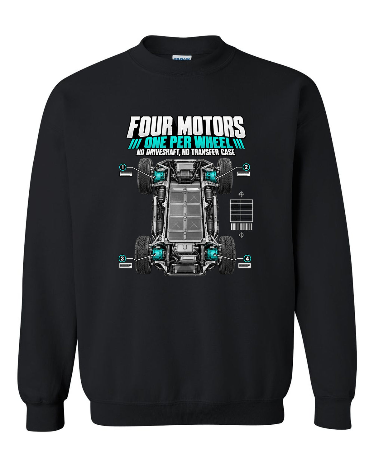 Rivian R1T Quad Motor 2022 layout with four motors, one per wheel, no driveshaft and no transfer case black crewneck front view with the design