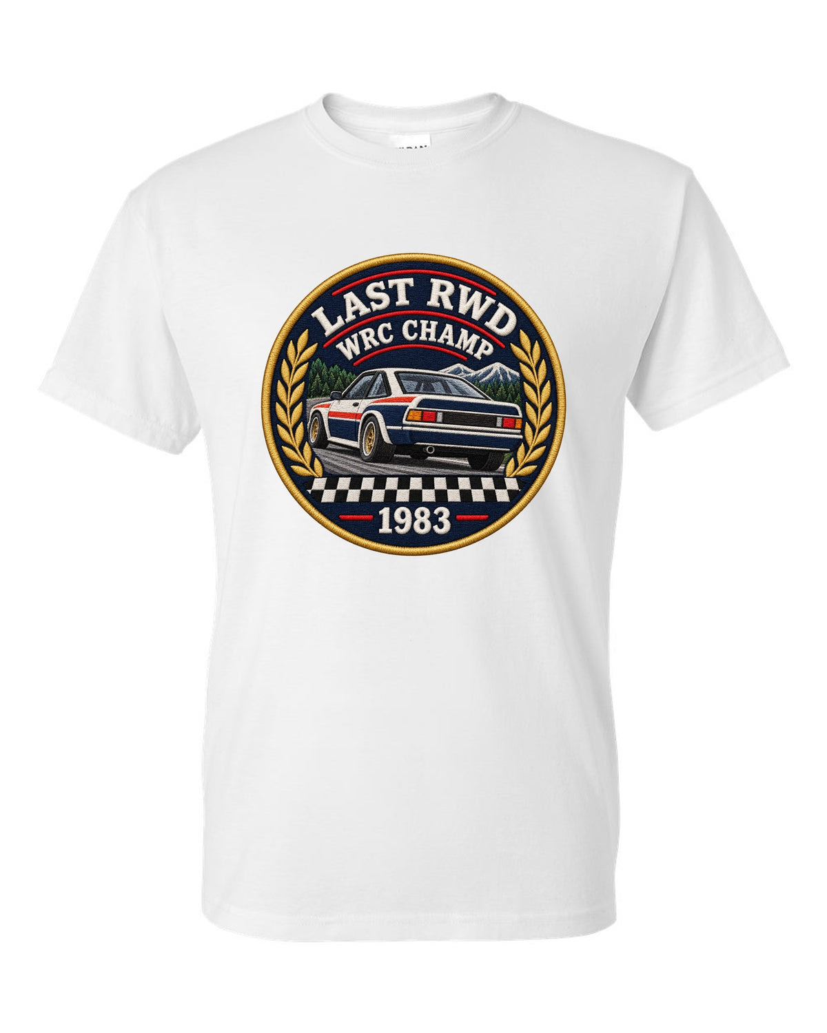 Embroidery patch style print of a 1983 Lancia Rally 037 with Last RWD WRC Champ lettering white t-shirt front view with the design