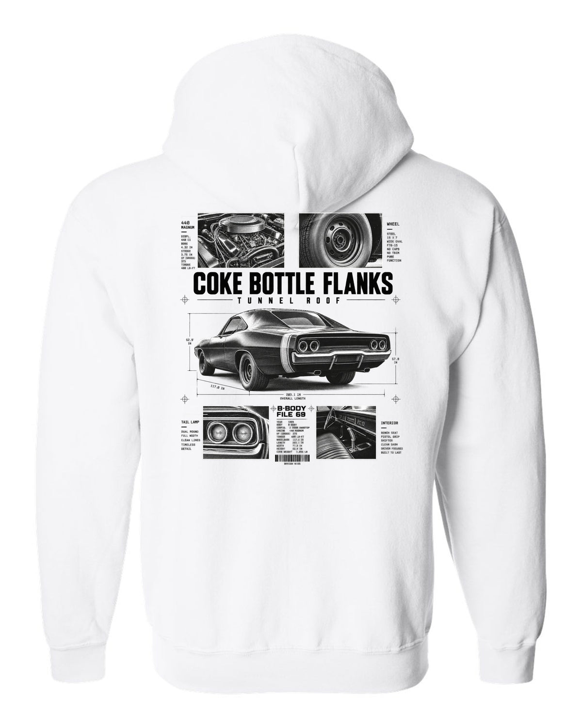 Dossier panel print of a 1969 Dodge Charger R/T with coke bottle flanks and tunnel roof notes white zip hoodie back view with the design