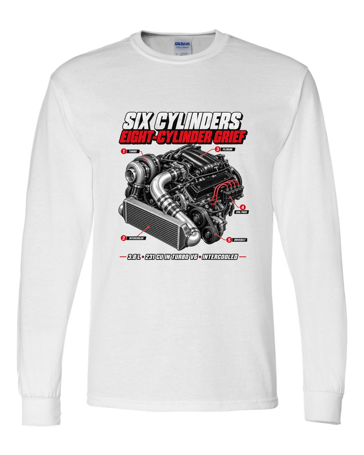 1987 Buick Grand National 3.8 turbo V6 engine callout print white long sleeve front view with the design