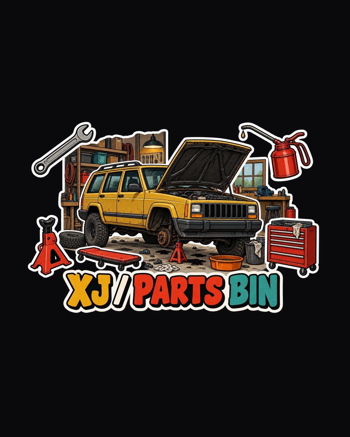 Jeep Cherokee XJ Parts Bin Sticker Collage Shirt design only