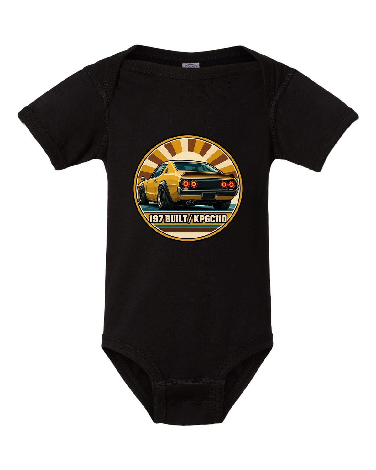 Round crest print for the Skyline Kenmeri KPGC110 with 197 Built lettering black baby onesie front view with the design