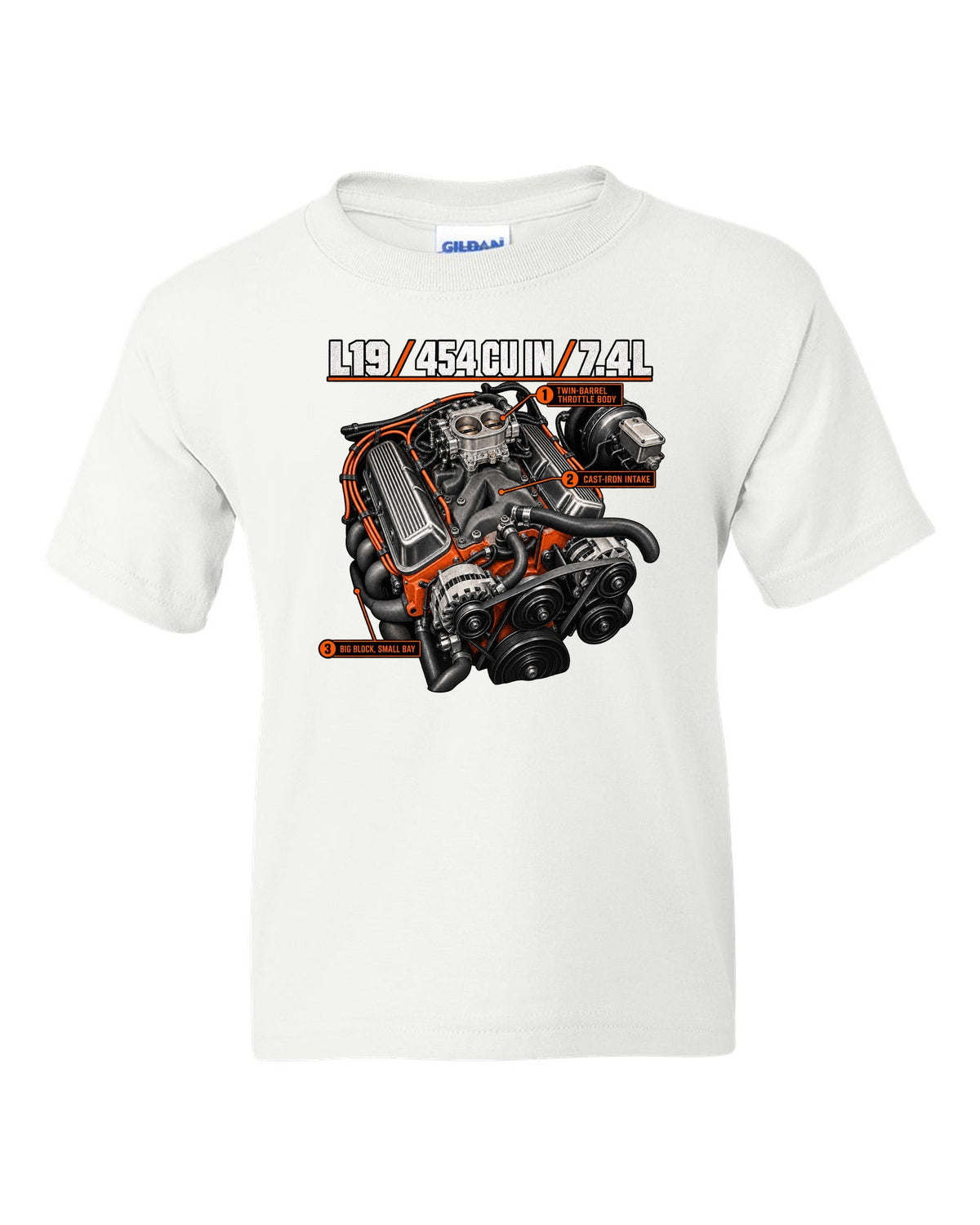 Chevy 454 SS L19 big-block engine diagram print white kids tee front view with the design
