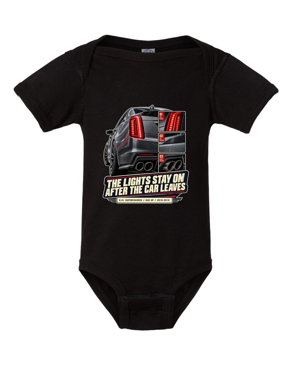 Rear taillight close-up print of a 2016-19 Cadillac CTS-V black baby onesie front view with the design