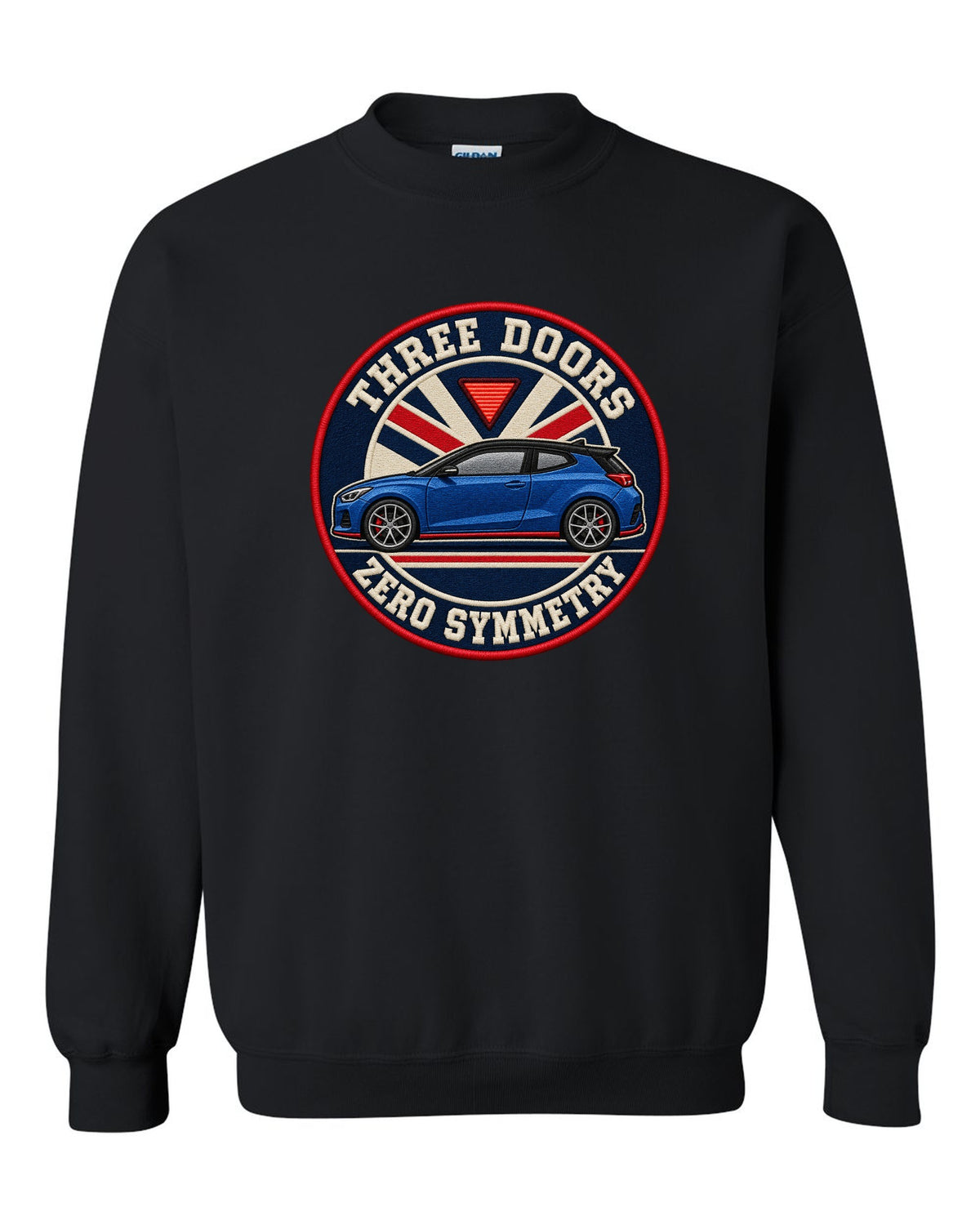 Embroidery varsity crest print for a Hyundai Veloster N JS with three doors zero symmetry text black crewneck front view with the design