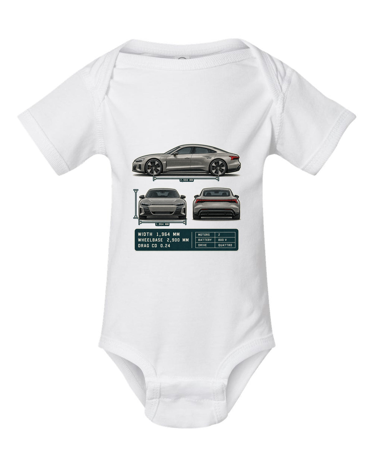 Audi RS e-tron GT Three-View Spec Table Tee, Cd 0.24 Car white baby onesie front view with the design