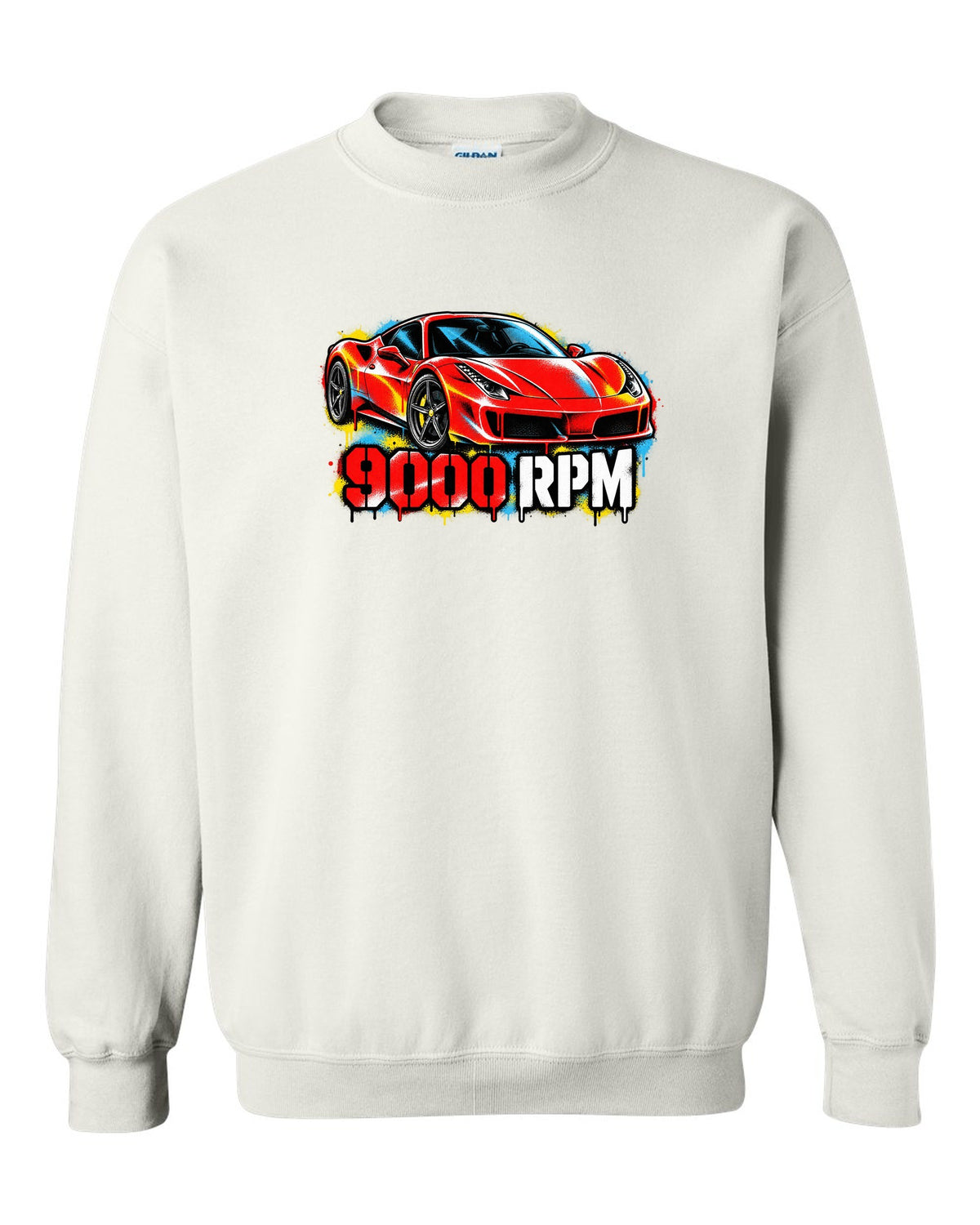 Stencil spray street art of the Ferrari 458 Italia with 9000 RPM text white crewneck front view with the design