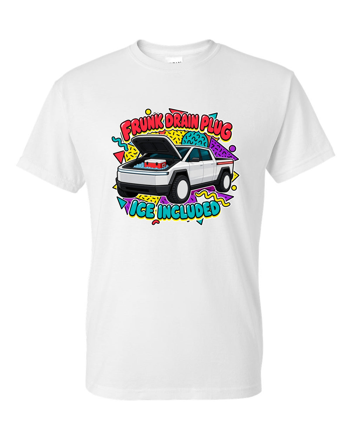 Ford F-150 Lightning retro sticker sheet print about the frunk drain plug and ice white t-shirt front view with the design