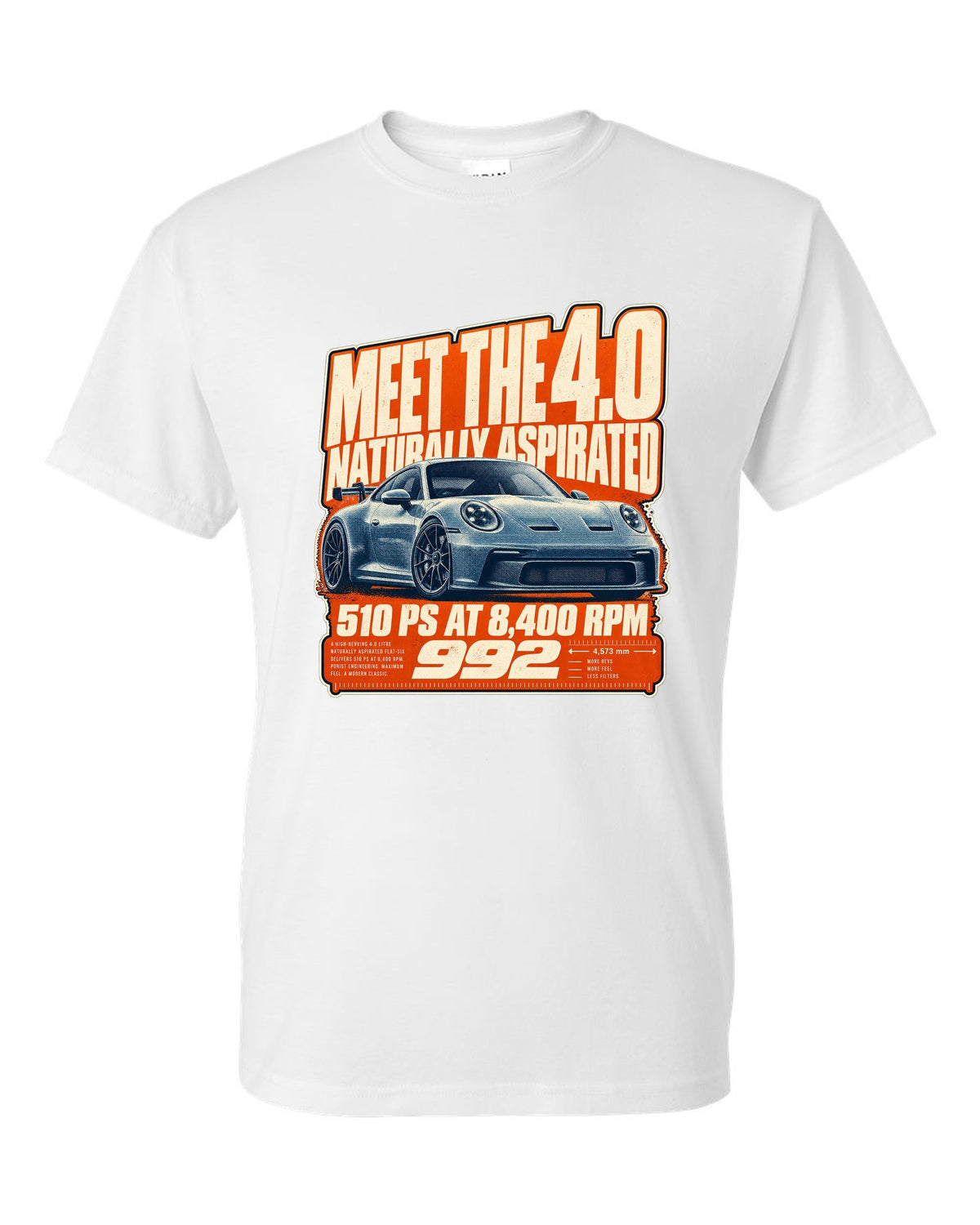 Porsche 992 GT3 halftone statement print design white t-shirt front view with the design