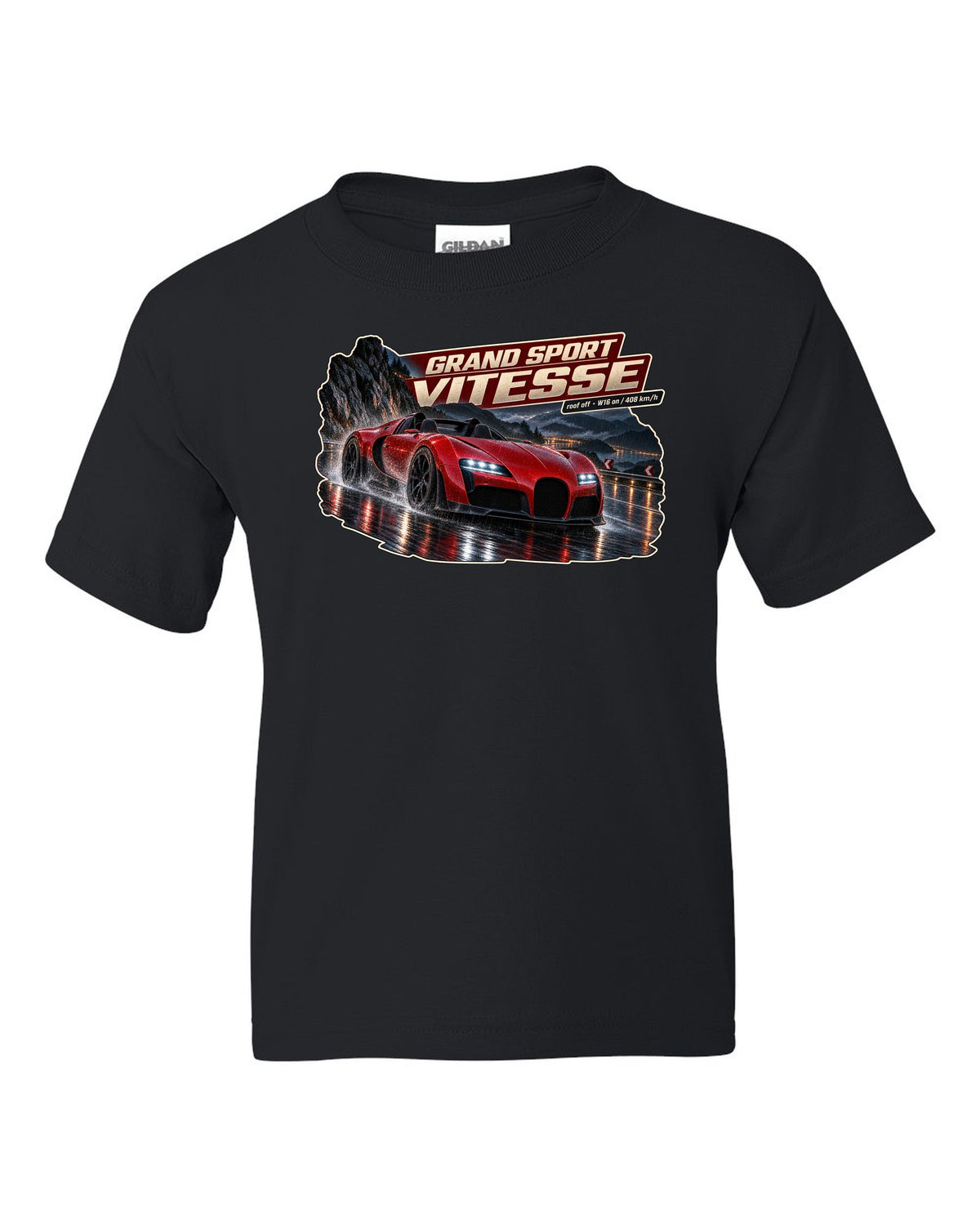 Night street poster of a Bugatti Veyron Grand Sport Vitesse with the roof off, print black kids tee front view with the design