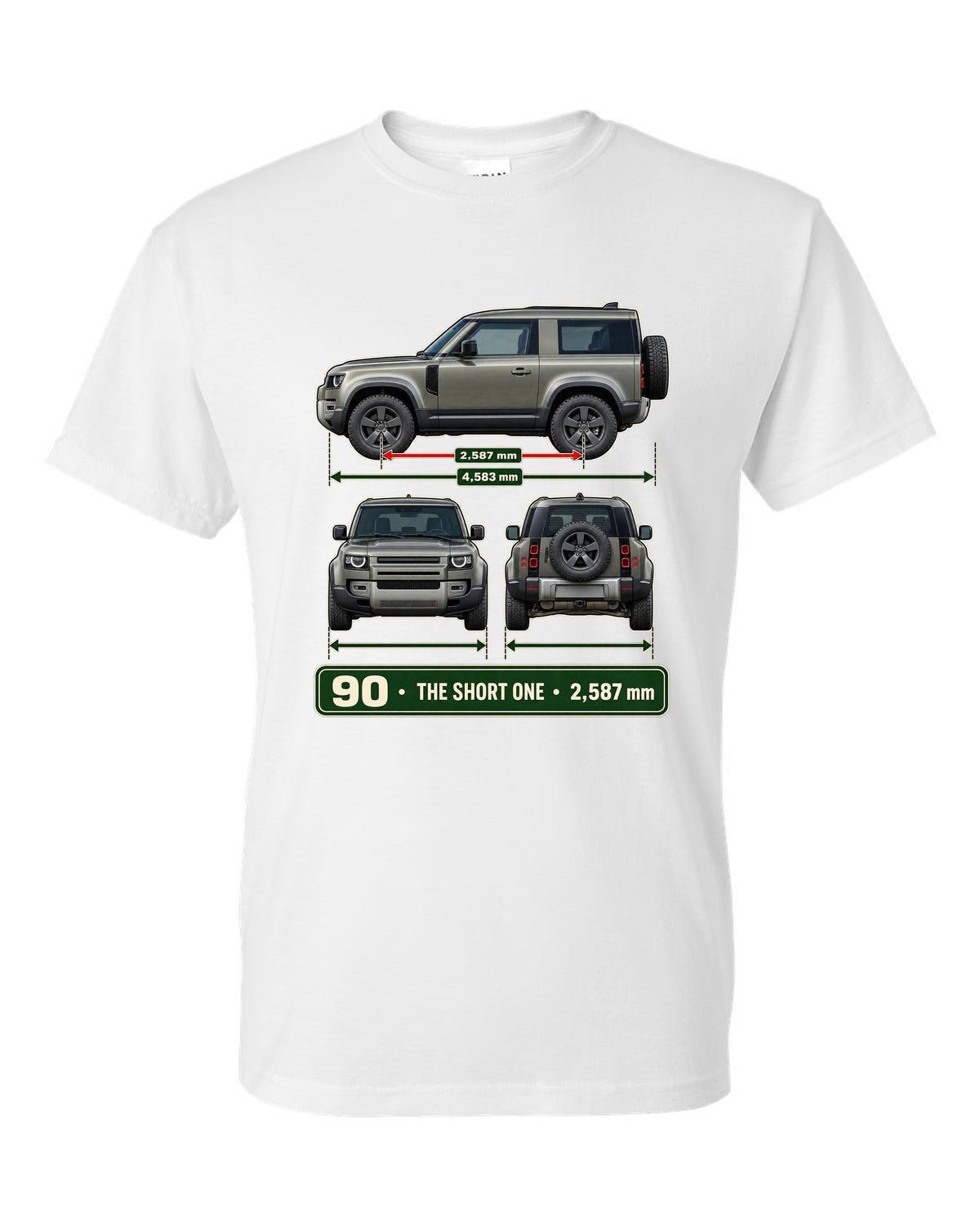 Three-view drawing with spec table print of the Land Rover Defender 90 L663 white t-shirt front view with the design