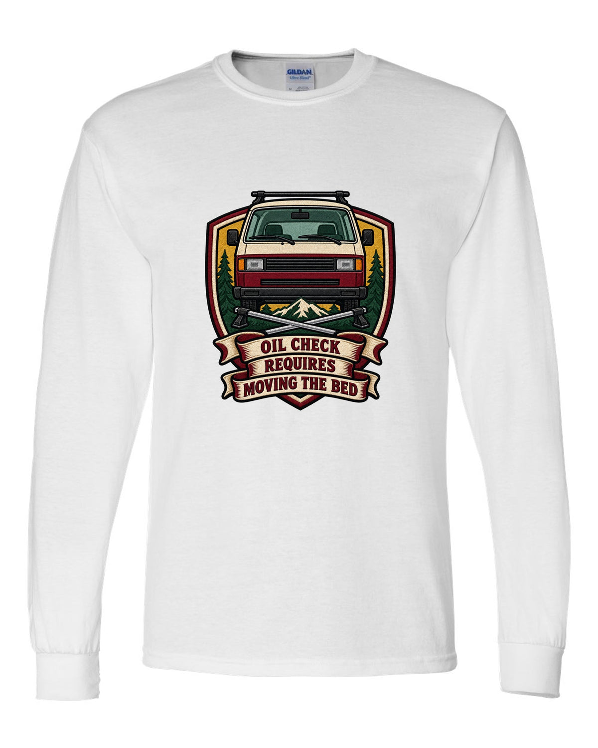 Varsity crest print for a VW T3 Vanagon with oil check requires moving the bed text white long sleeve front view with the design