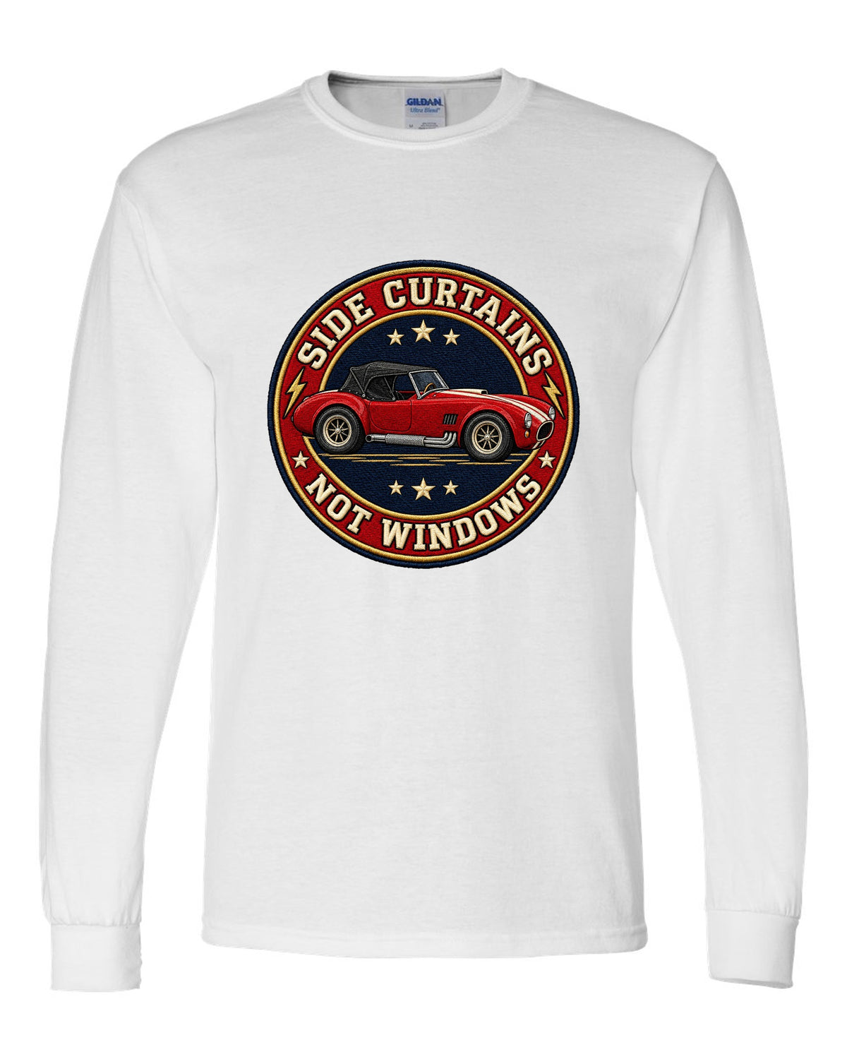 Embroidery-style varsity crest design with a 1992 Dodge Viper RT/10 SR I white long sleeve front view with the design