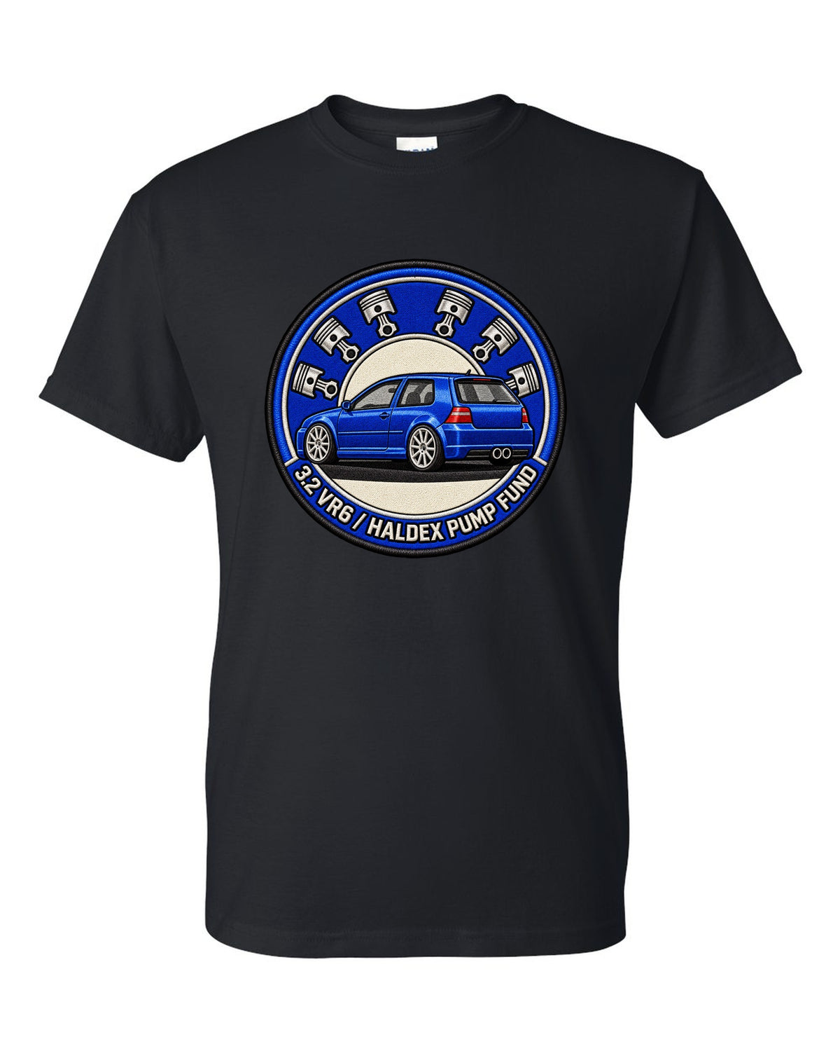 Varsity crest print for a VW Golf R32 Mk4 with 3.2 VR6 and Haldex pump fund lettering black t-shirt front view with the design