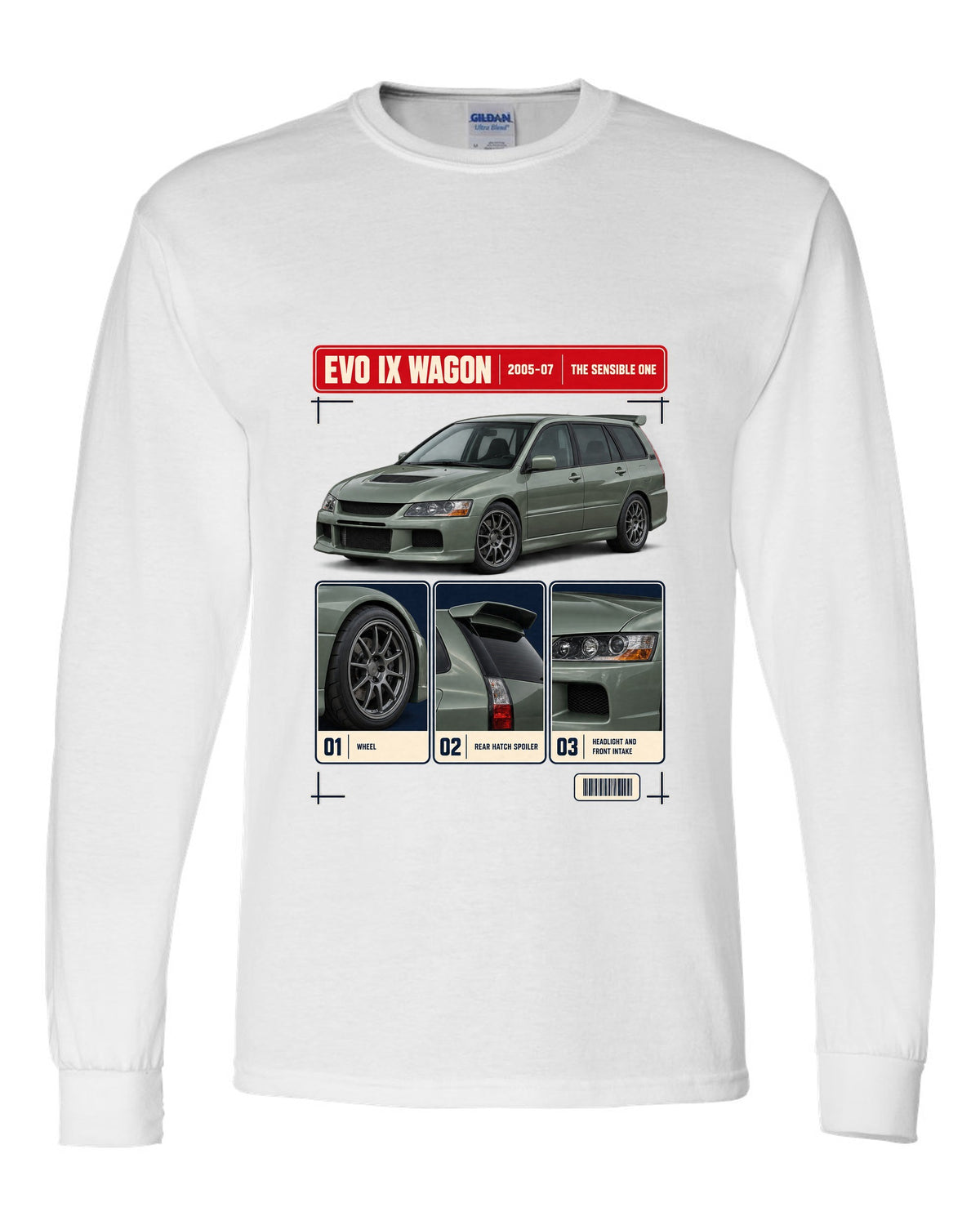 Mitsubishi Lancer Evolution IX Wagon GT three-quarter dossier panel print white long sleeve front view with the design