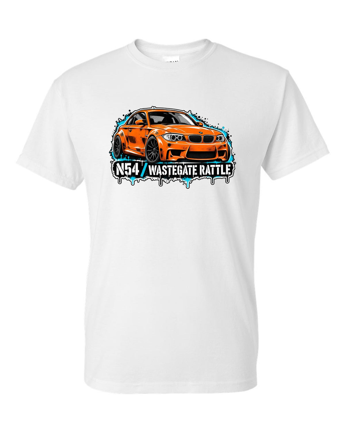 Embroidery-style varsity crest print of a BMW M1 E26 with louvre rear text white t-shirt front view with the design