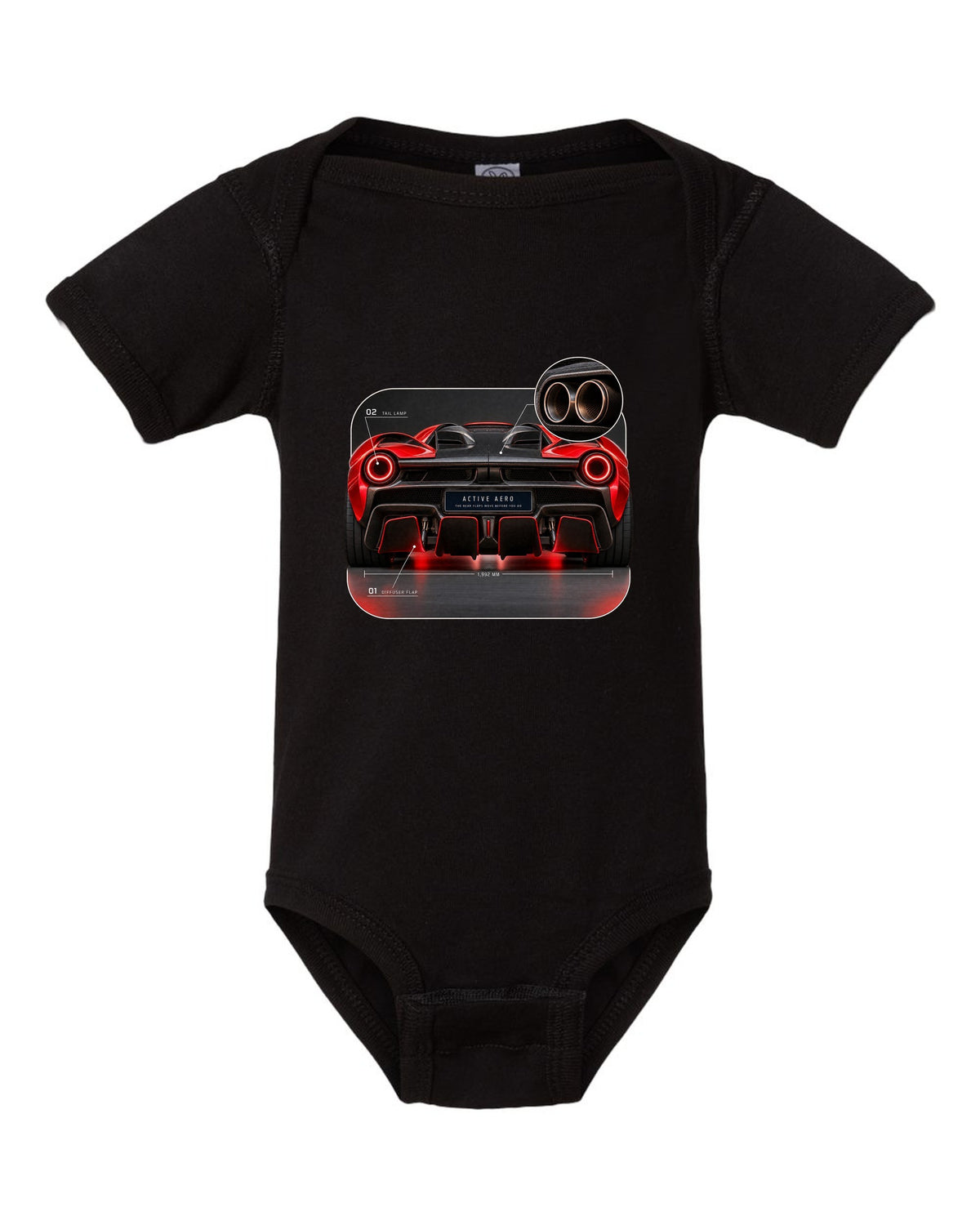Ferrari LaFerrari taillight macro print with active aero caption black baby onesie front view with the design