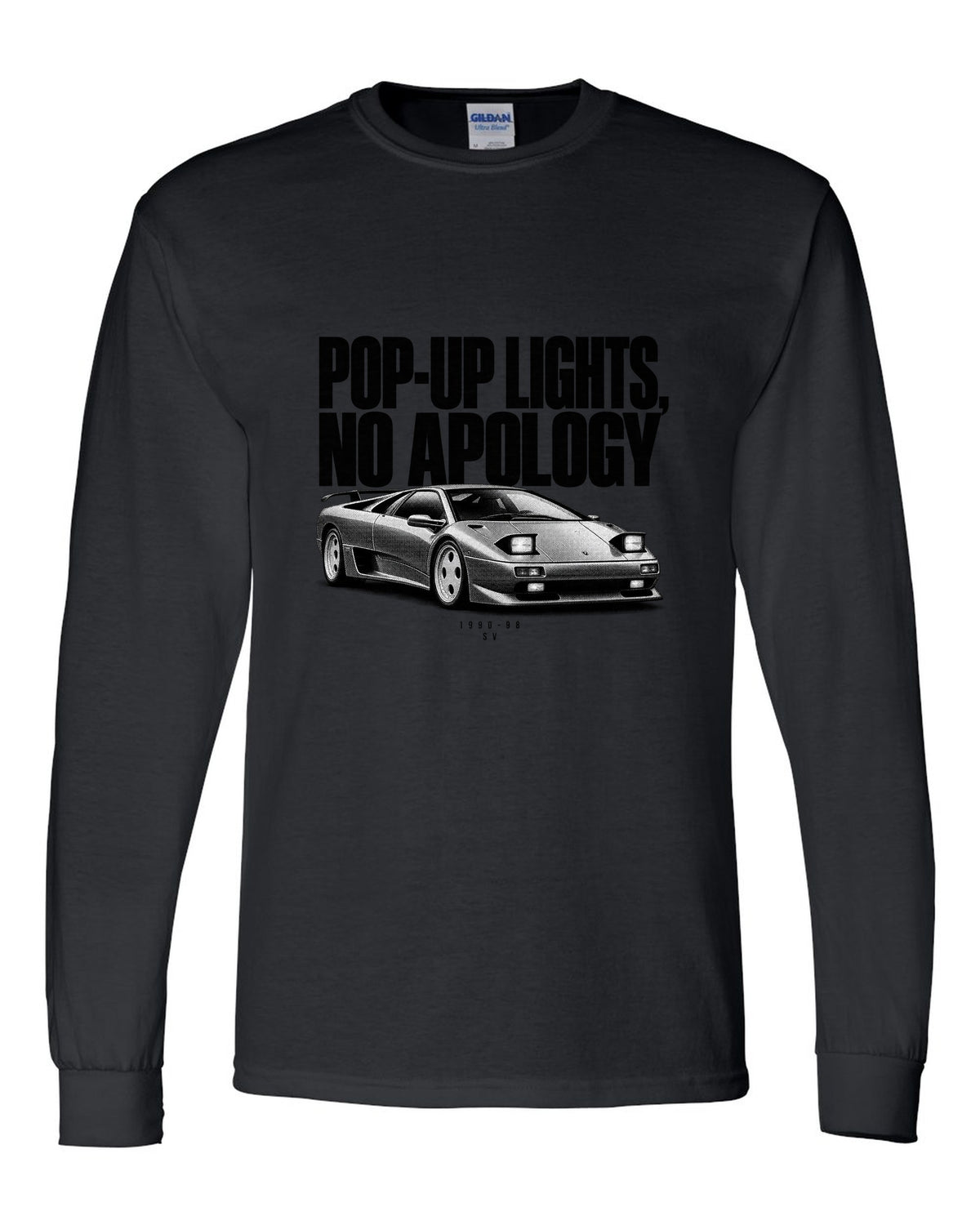 Halftone print of a Lamborghini Diablo SV with pop-up lights no apology text black long sleeve front view with the design