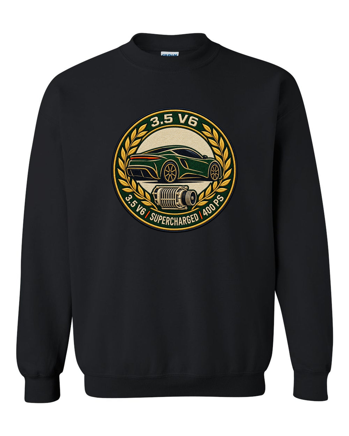 Lotus Emira varsity crest with 3.5 V6 SUPERCHARGED 400 PS lettering black crewneck front view with the design