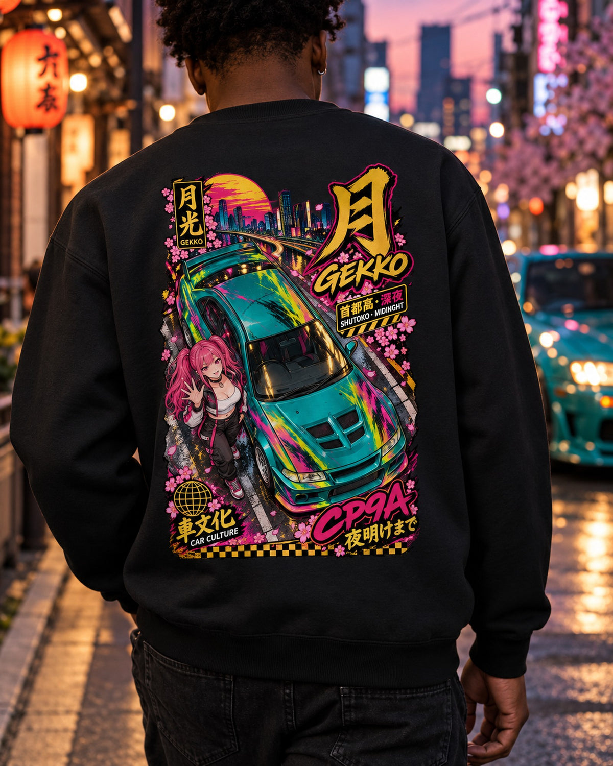 GEKKO CP9A Anime Girl Full-Back Graphic Tee Crewneck Black worn hero
