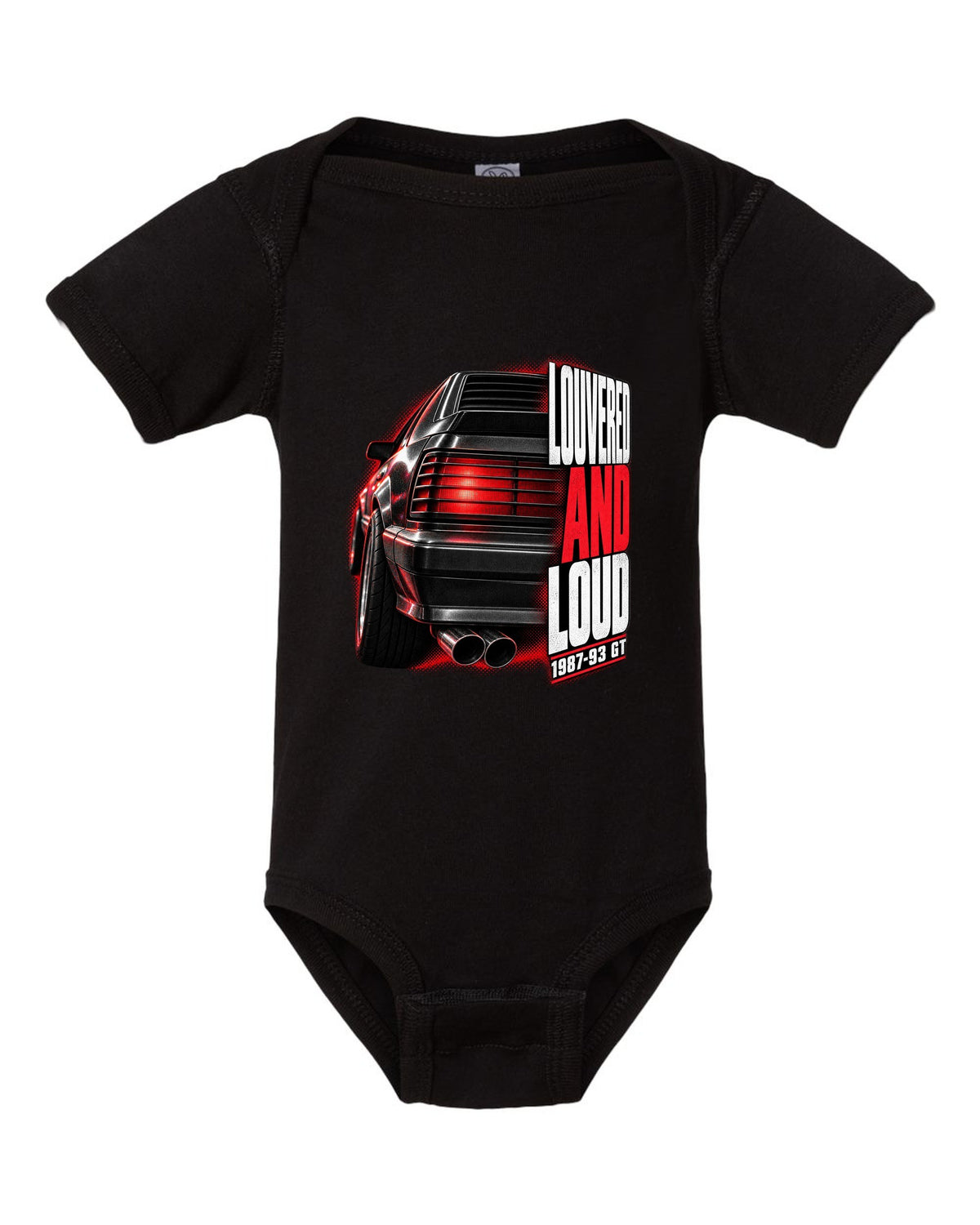 Macro print of a Ford Mustang Fox Body GT louvered taillight, 1987-93 black baby onesie front view with the design